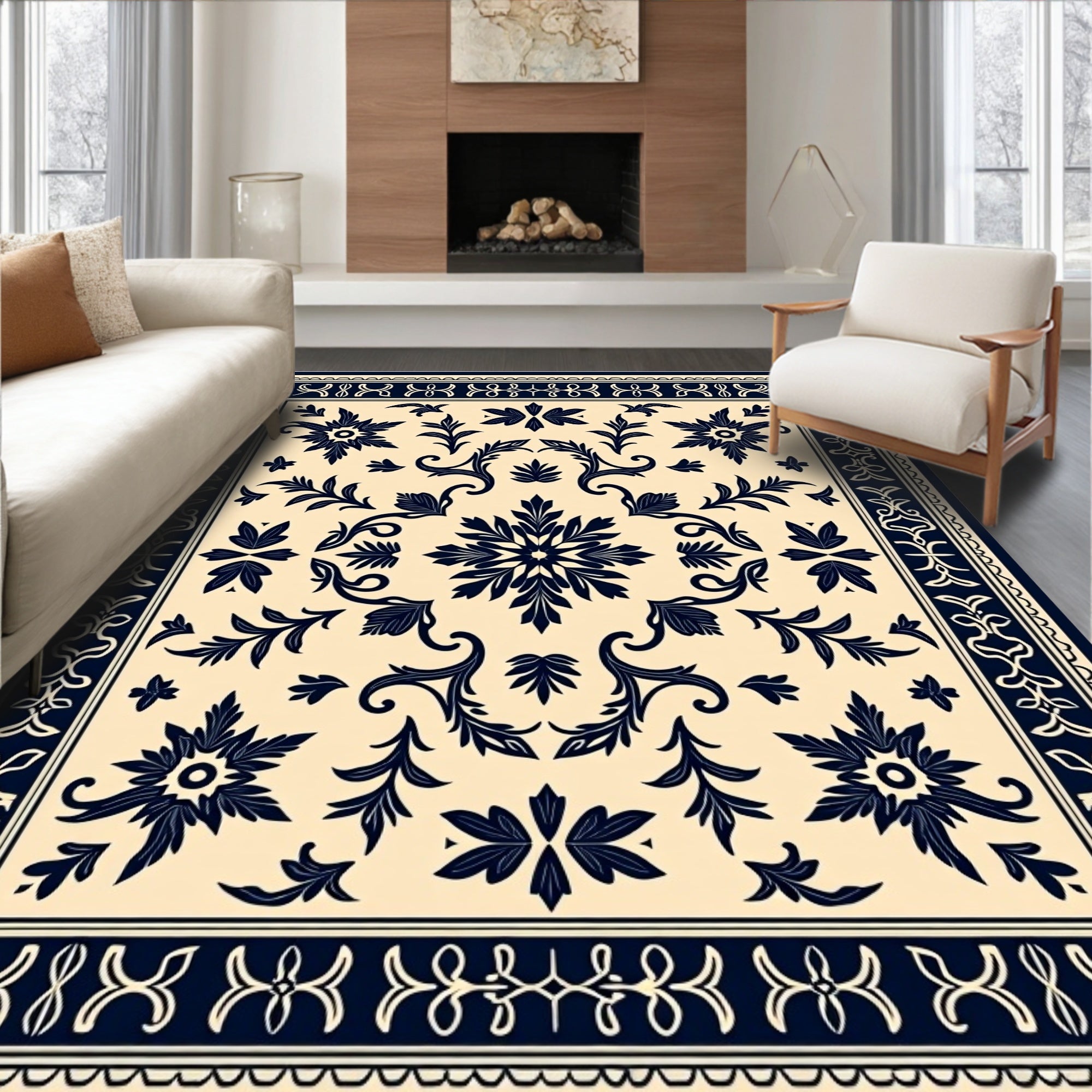 Vintage Floral Motif Navy Rug
