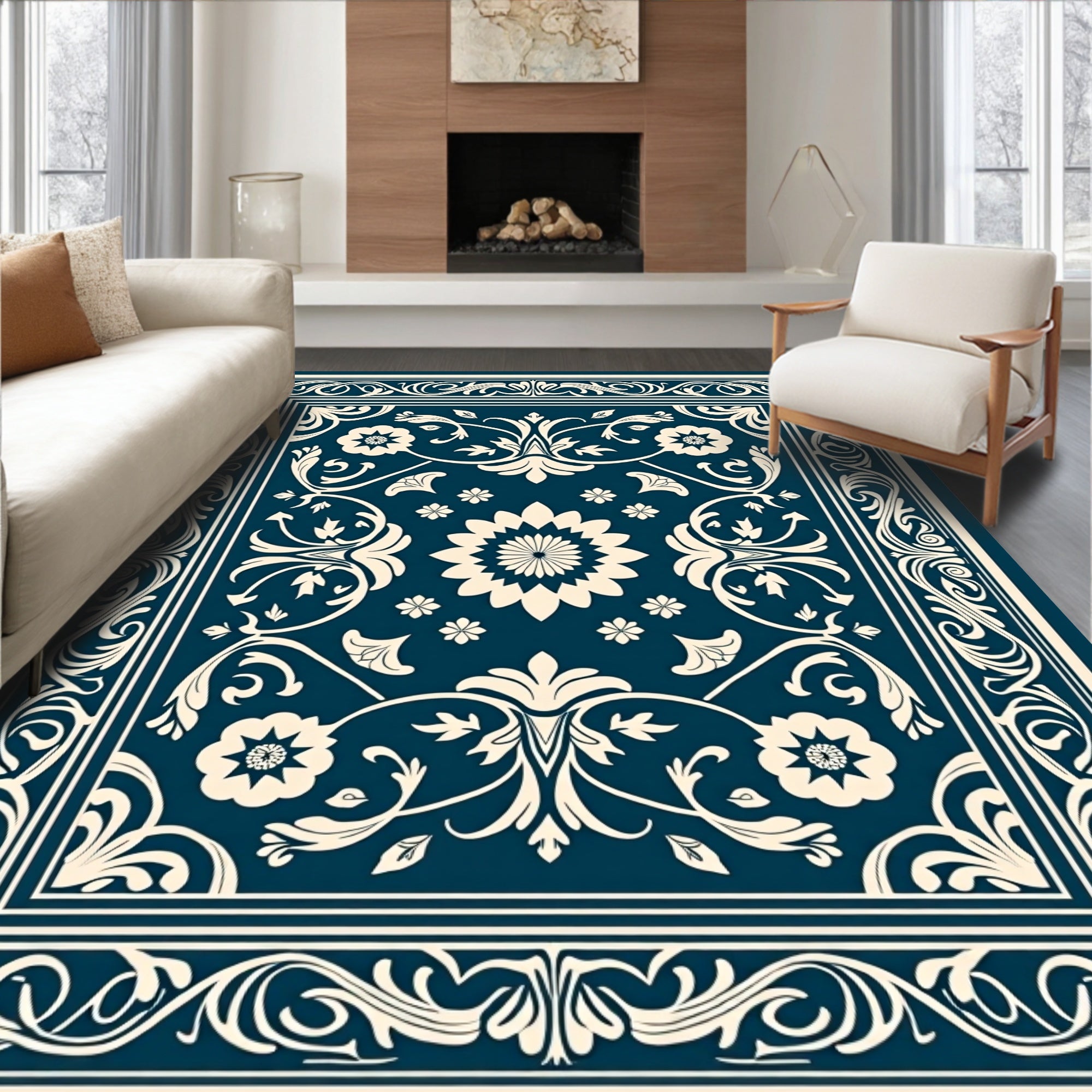 Classic Floral Scrollwork Teal Area Rug