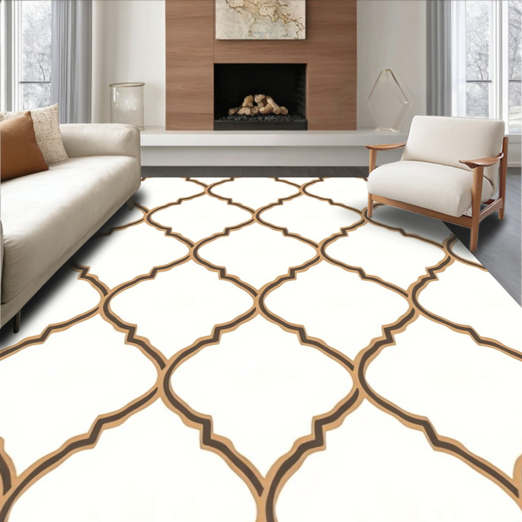 Elegant Lattice Patterned Beige Rug