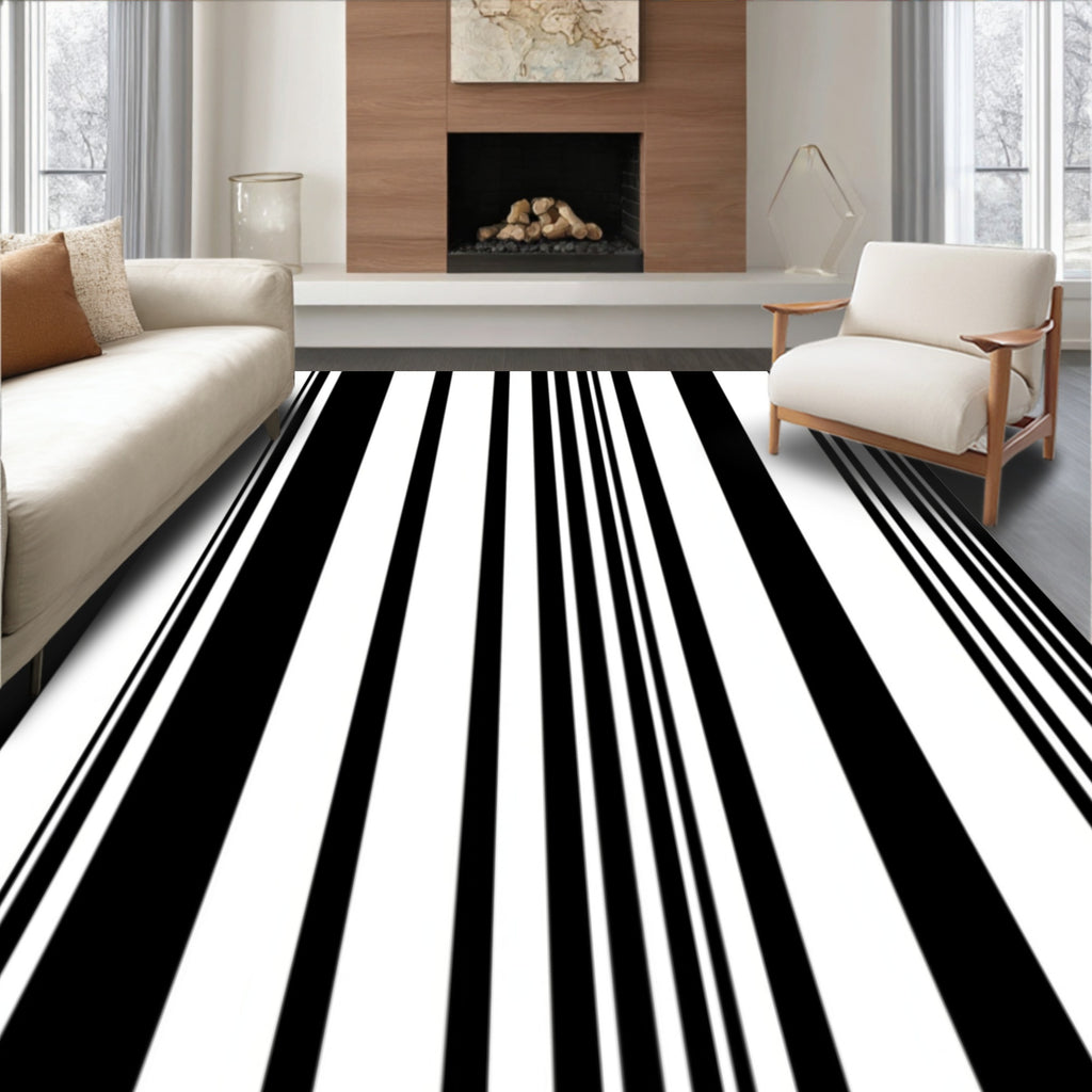 Bold Black White Striped Pattern Rug