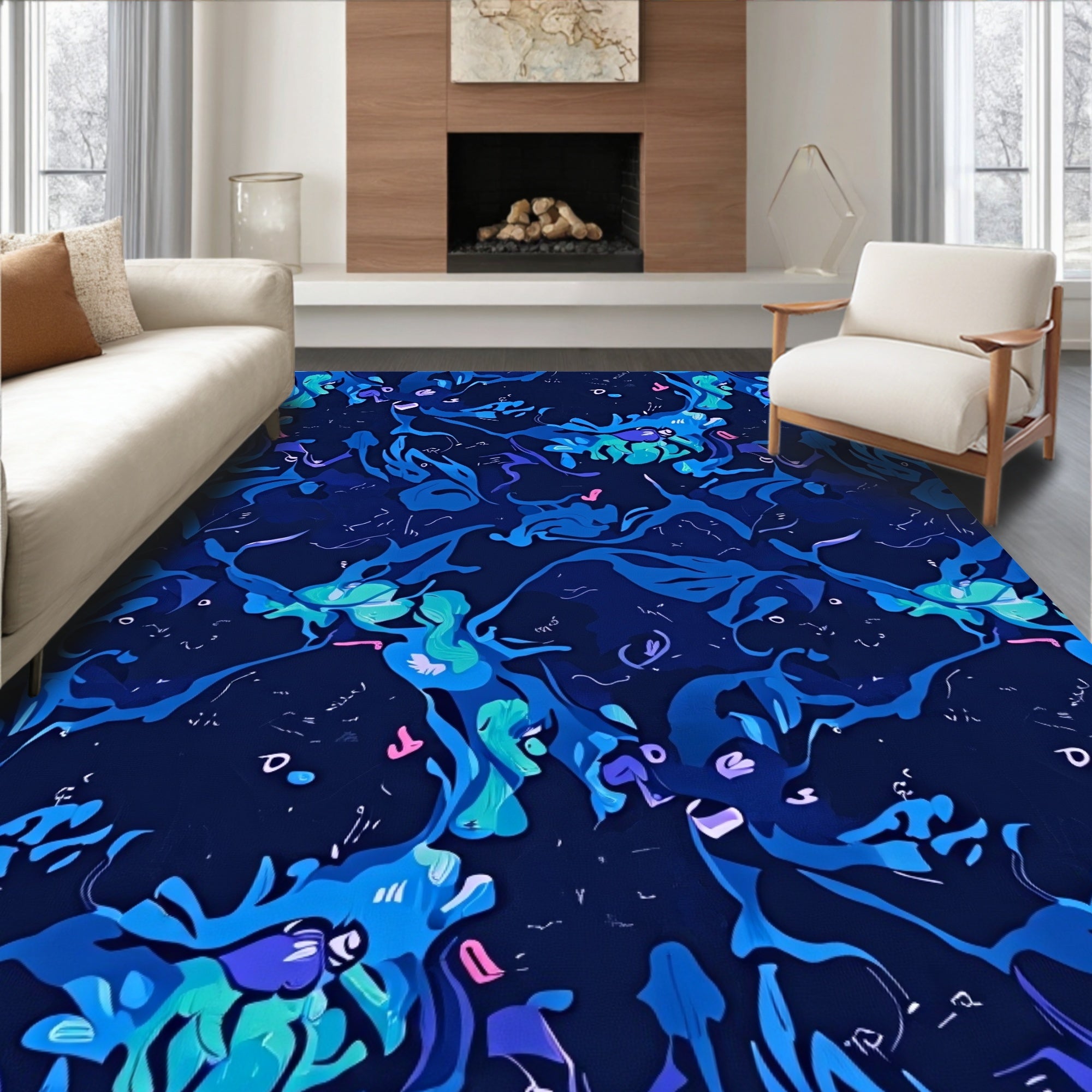 Abstract Blue Swirl Pattern Rug