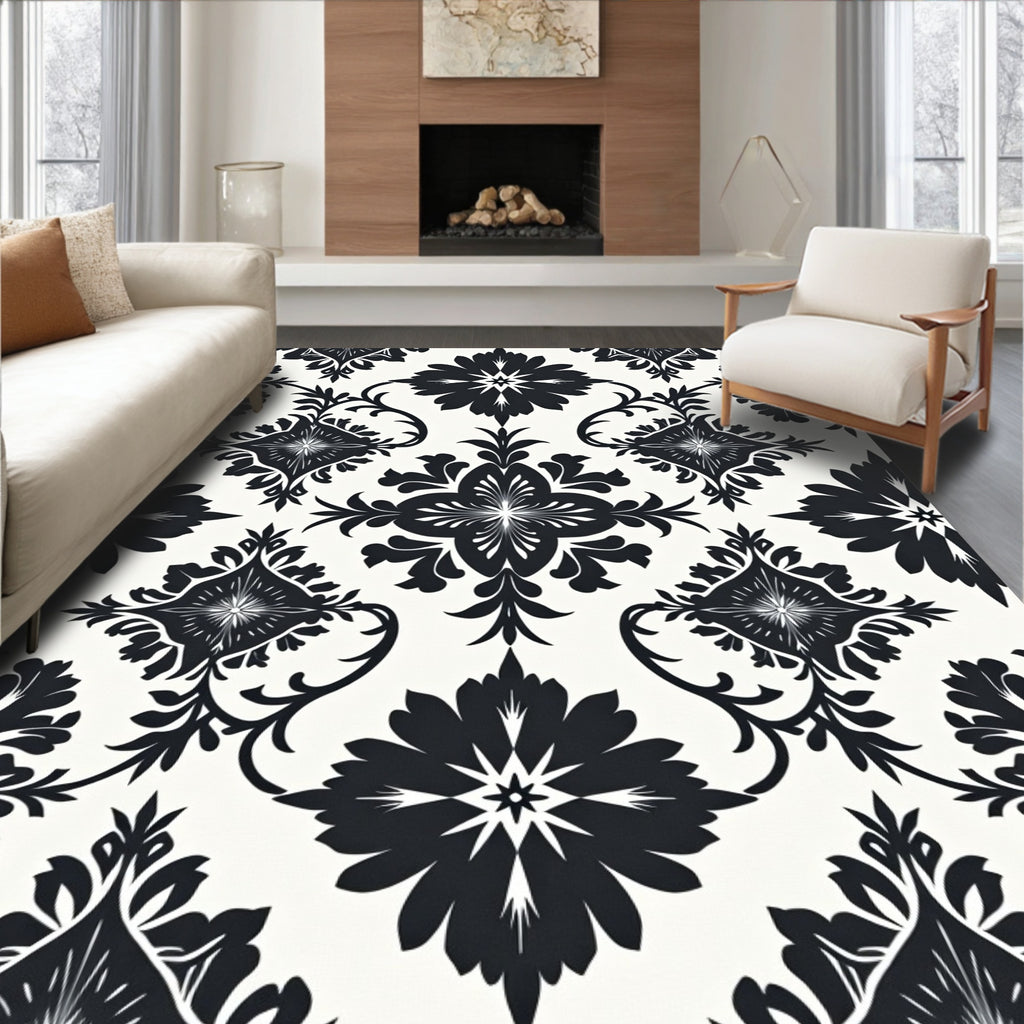 Black White Floral Damask Pattern Rug