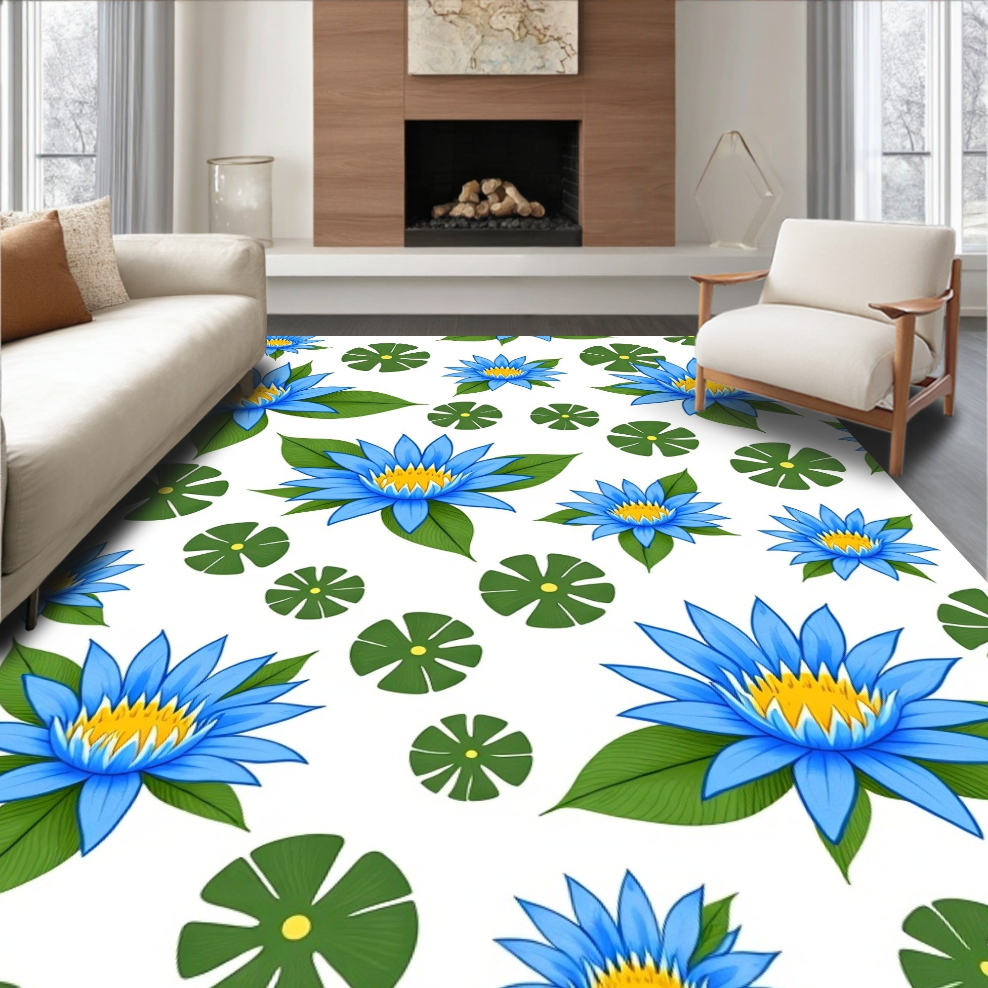 Blue Lotus Floral Pattern Rug