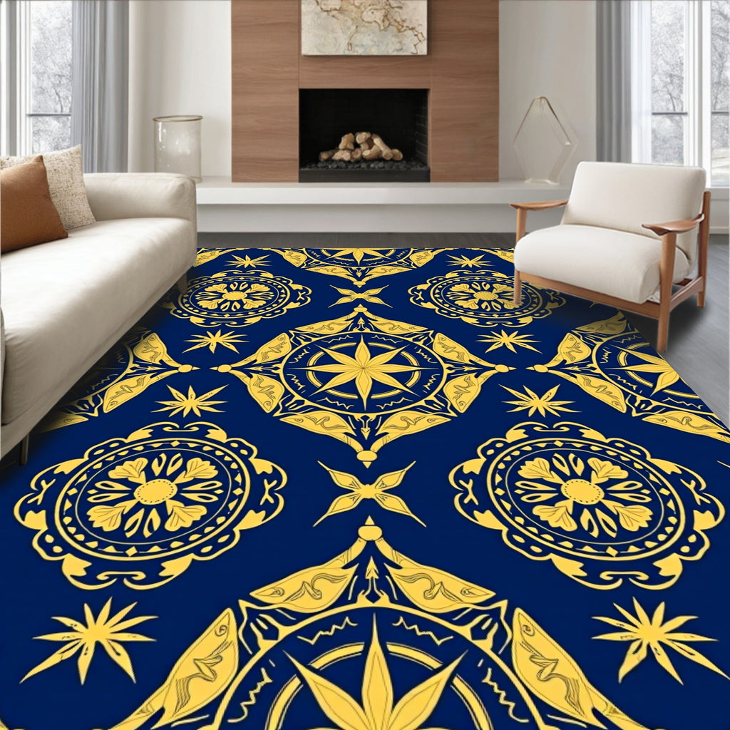 Royal Blue Yellow Medallion Pattern Design Rug
