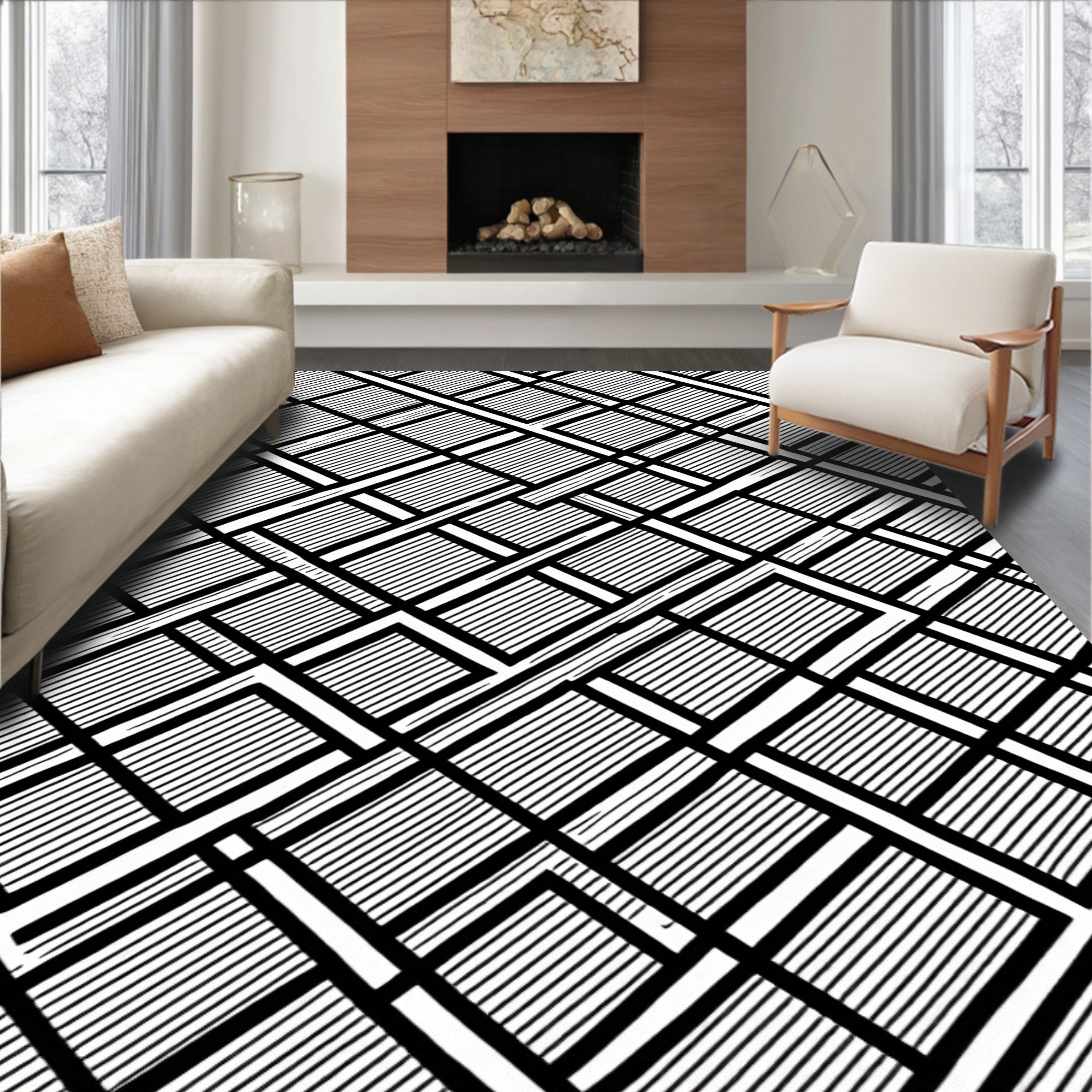 Geometric Black White Line Pattern Rug