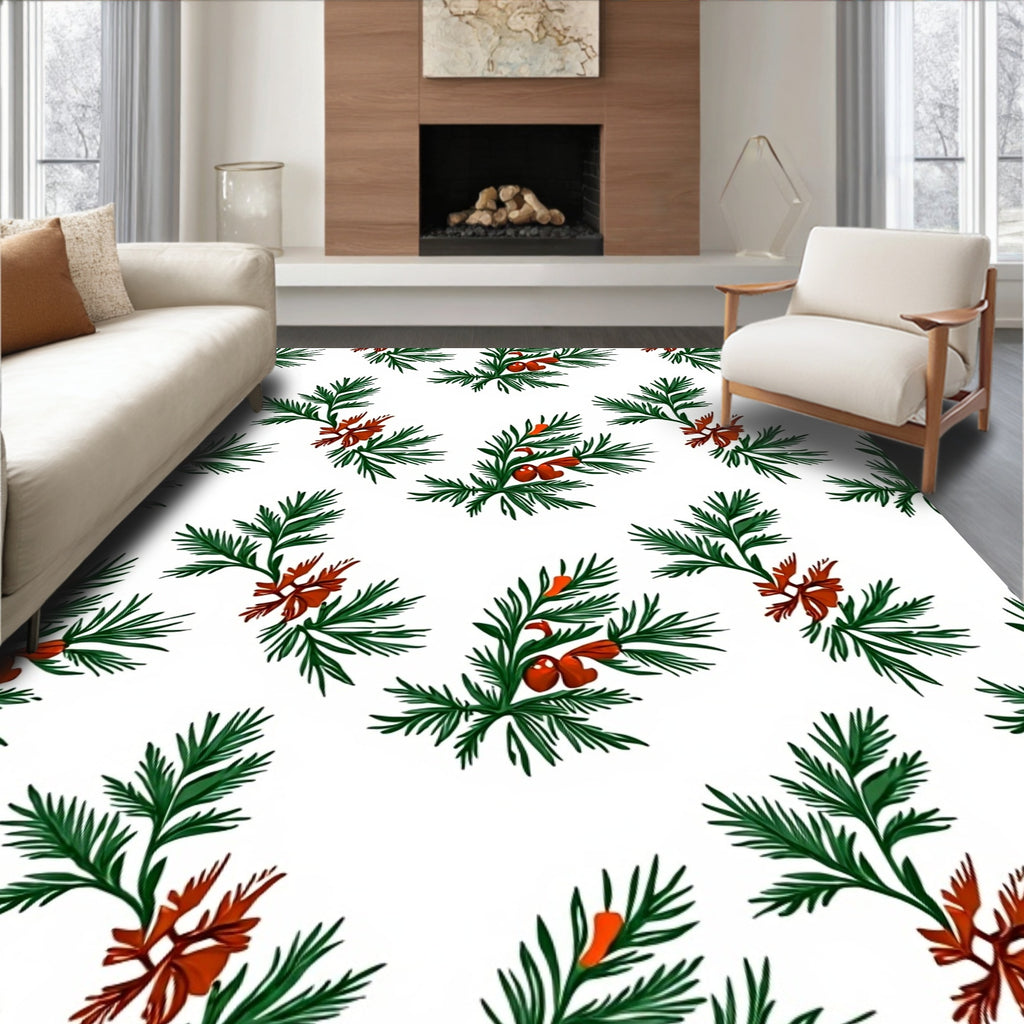 Green Pine Sprigs Red Berries Rug
