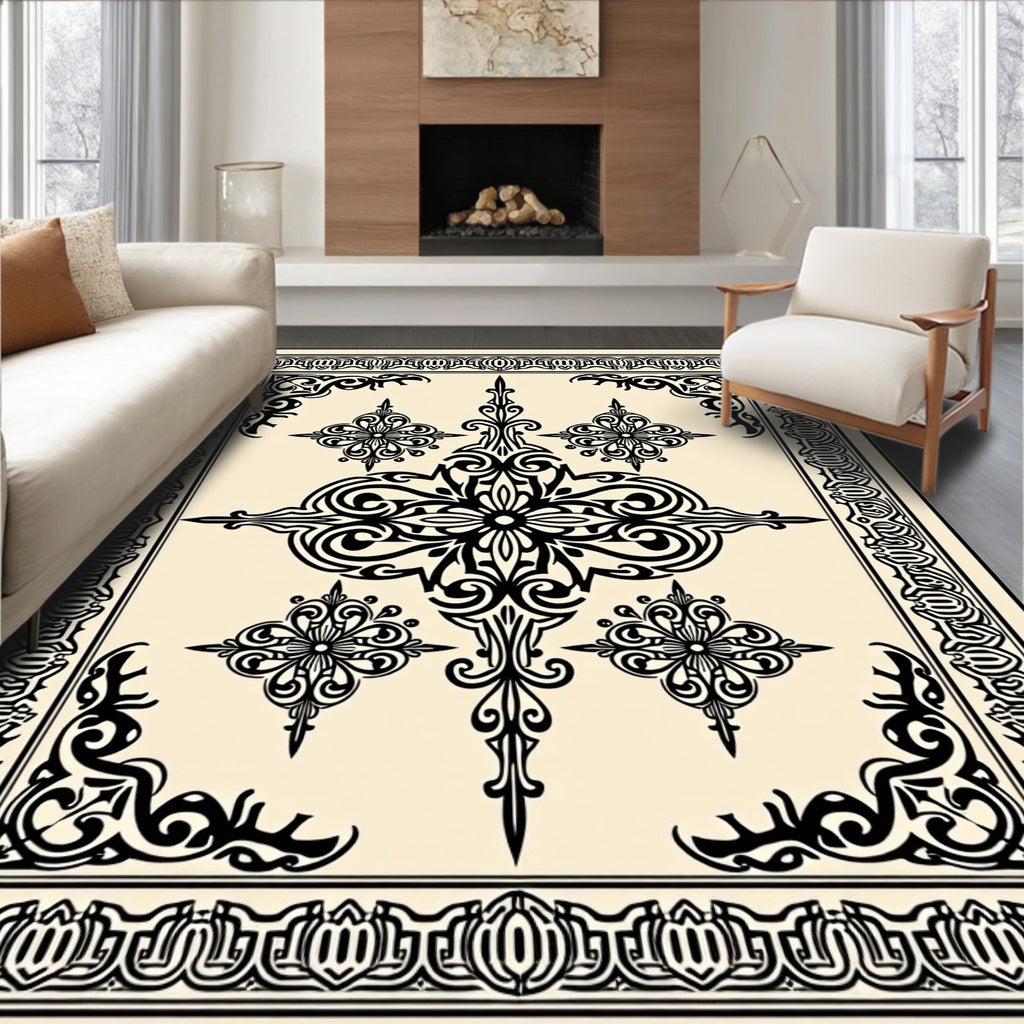 Elegant Black Floral Symmetry Rug