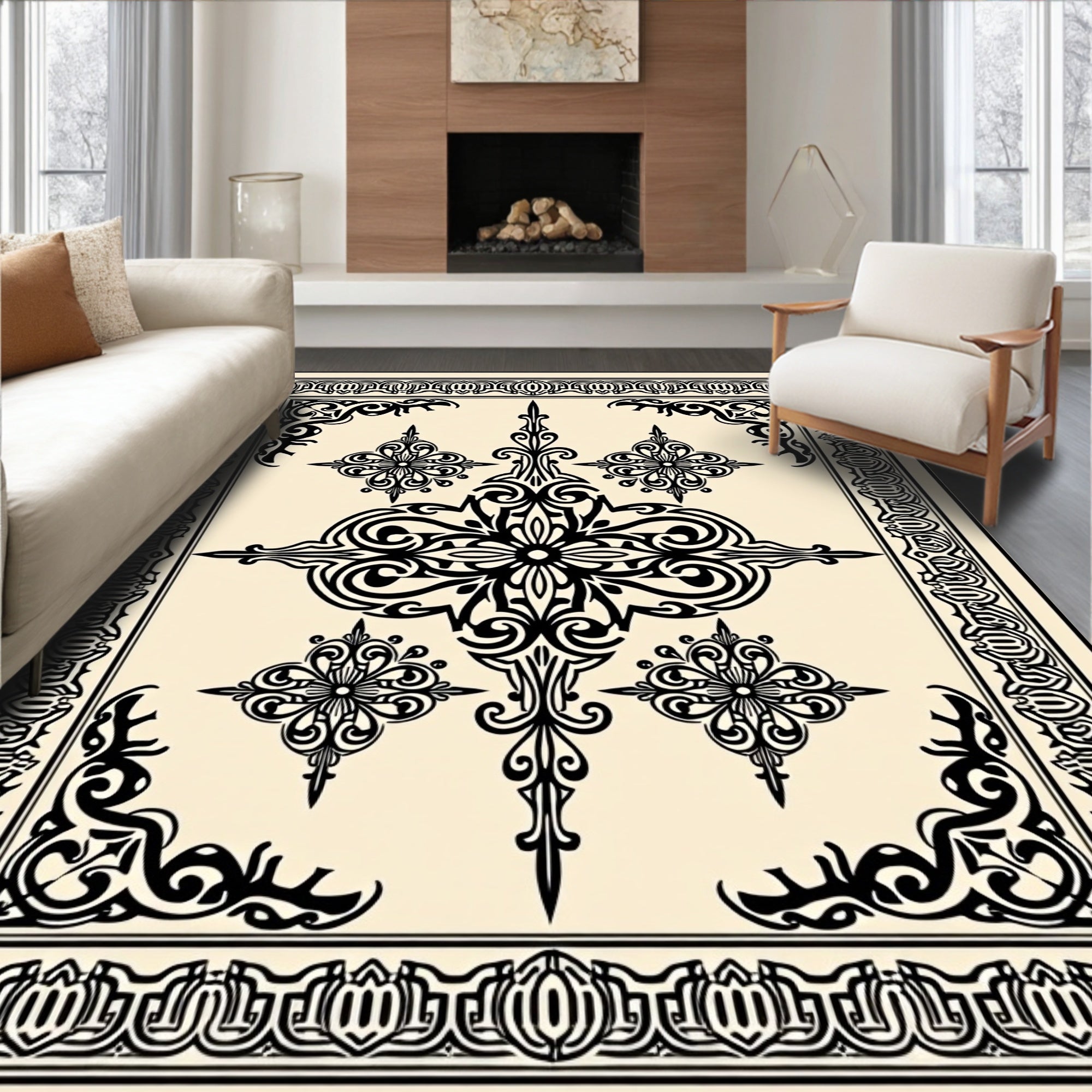 Elegant Black Floral Symmetry Rug