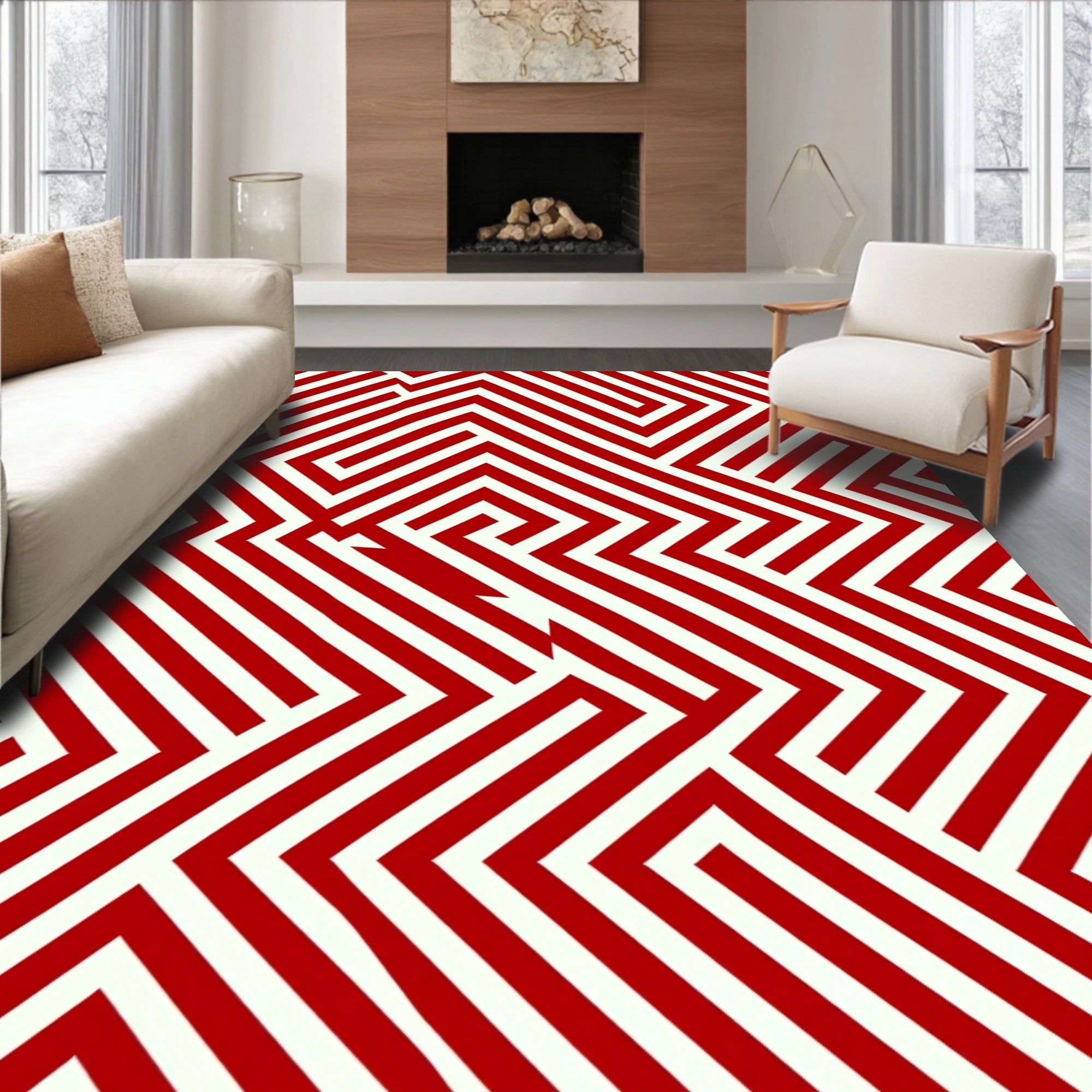Red White Modern Geometric Maze Rug
