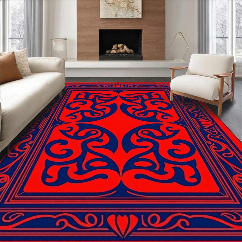 Red Blue Ornate Scrollwork Rug