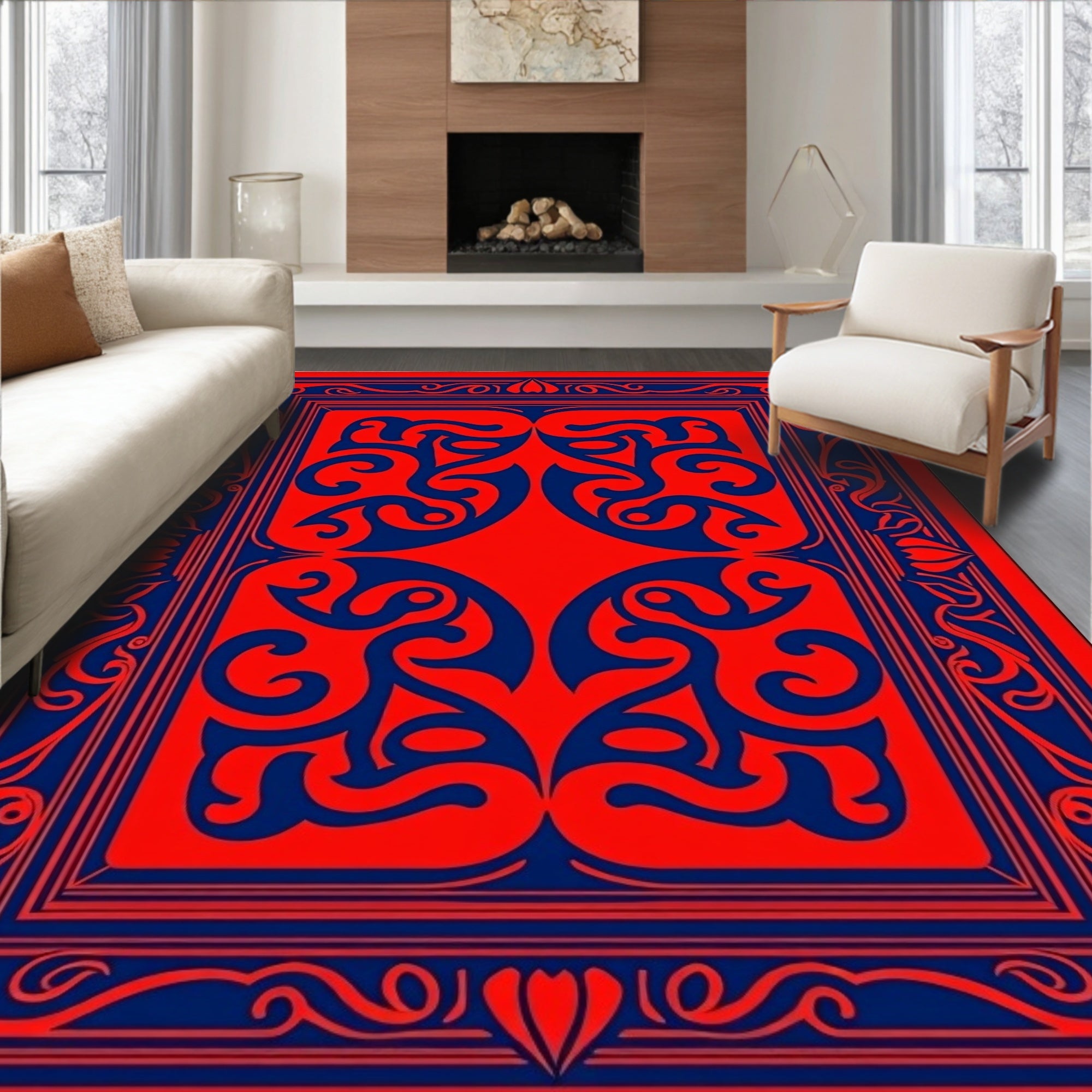 Red Blue Ornate Scrollwork Rug