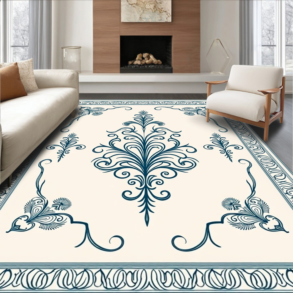 Ornate Teal Floral Vine Border Design Rug