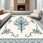 Ornate Teal Floral Vine Border Design Rug