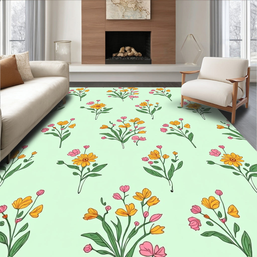 Delicate Pink Yellow Floral Pattern Rug