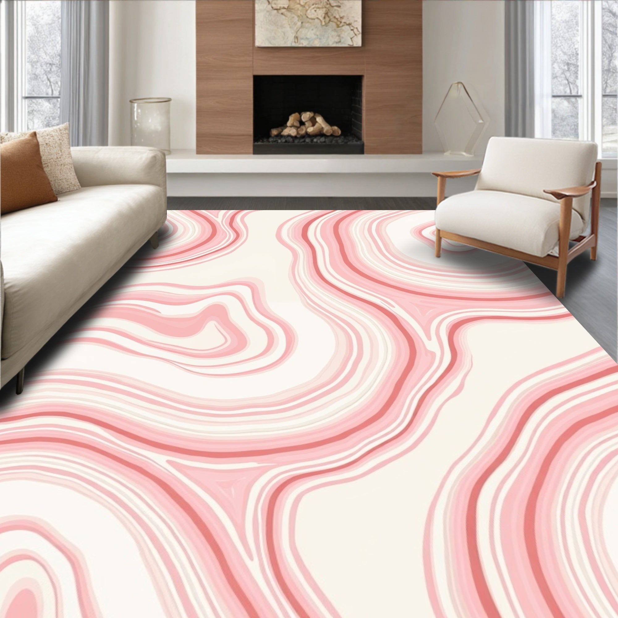 Coral Pink Swirl Woodgrain Pattern Rug