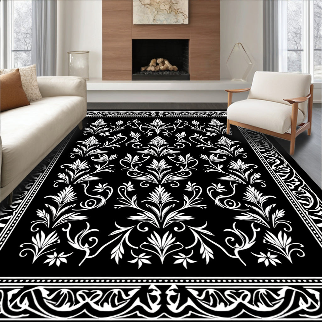 Elegant White Floral Damask Pattern Rug