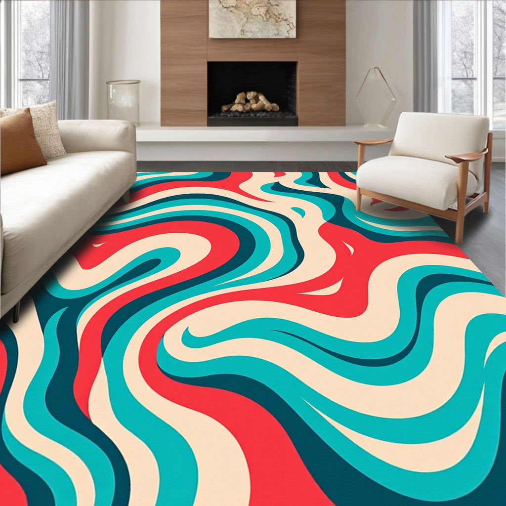Retro Swirls Red Teal Cream Rug