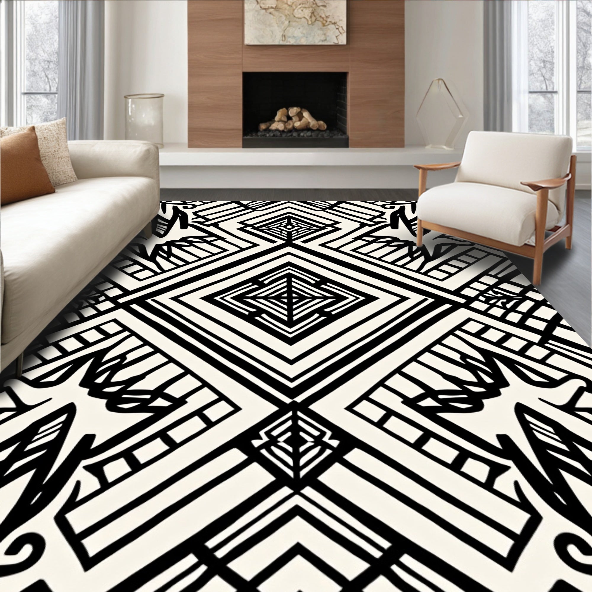 Bold Black White Geometric Pattern Rug