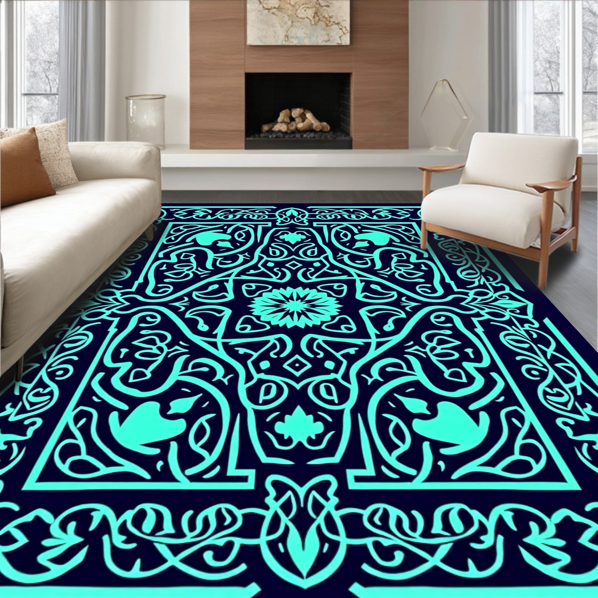 Intricate Floral Geometric Teal Design Rug