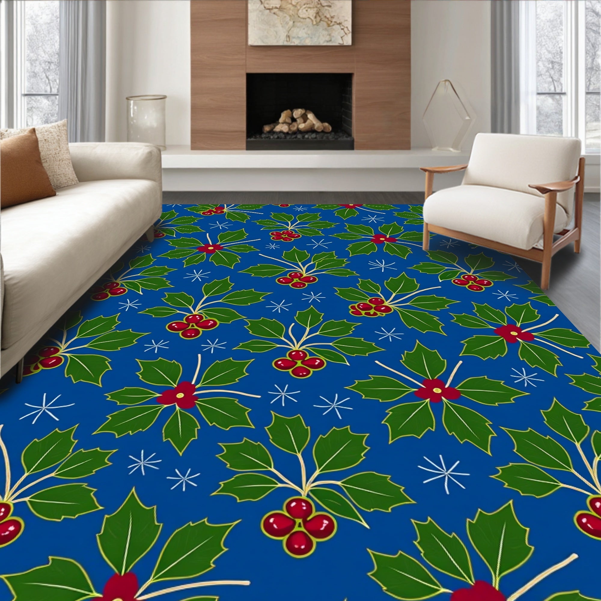 Bold Blue Holly Berry Snowflakes Rug