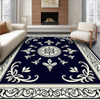 Dark Blue Cream Ornate Floral Design Rug