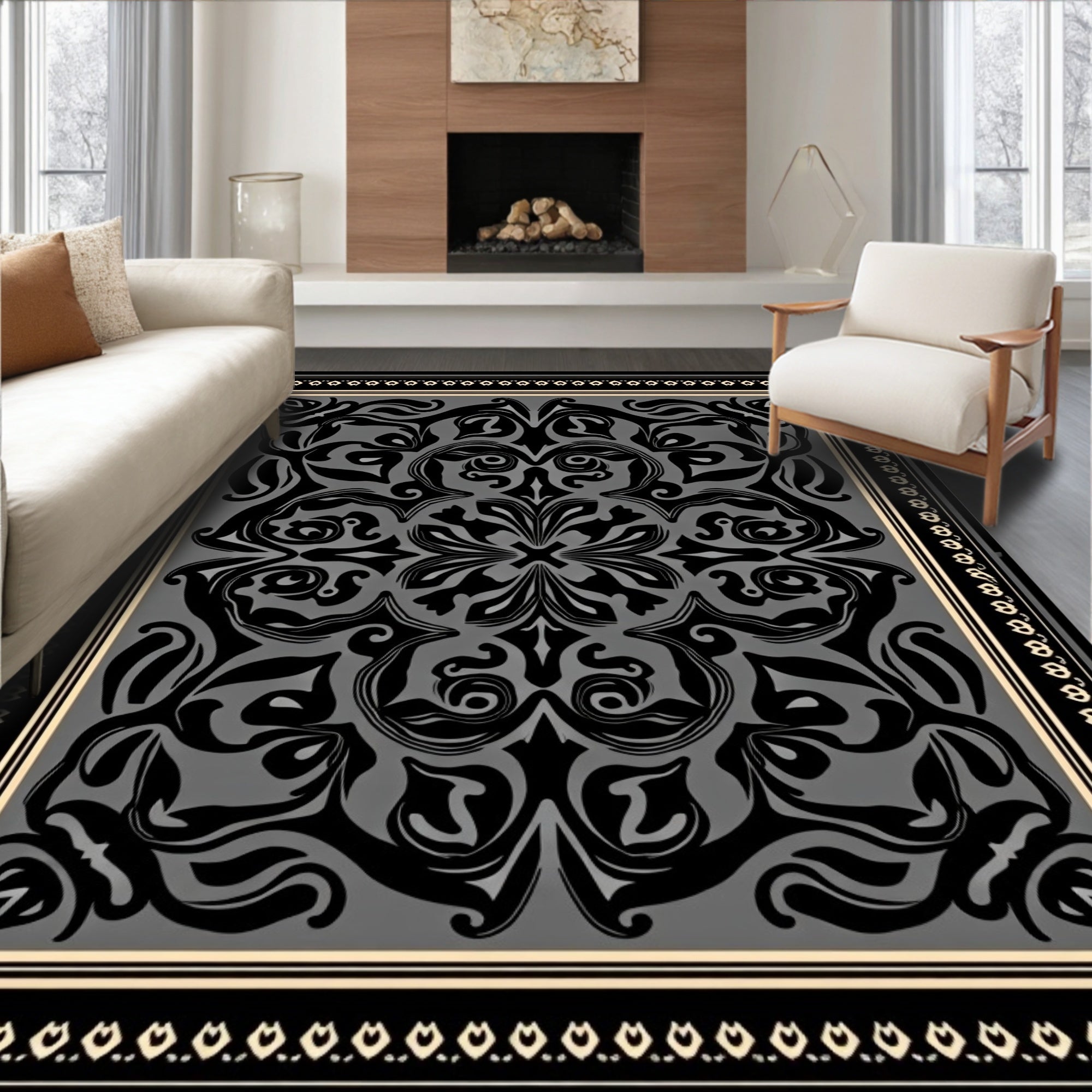 Vintage Inspired Black Swirl Motif Rug