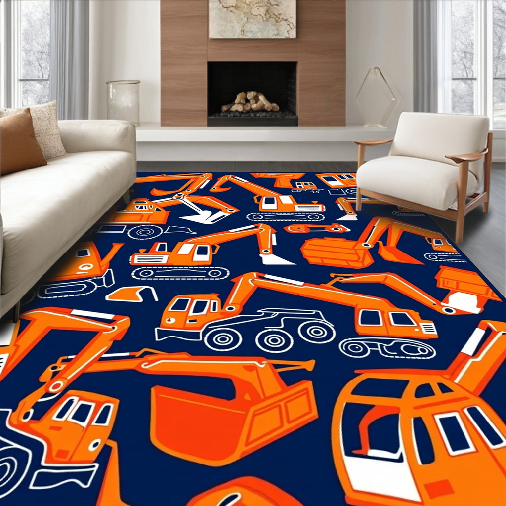 Orange Excavator Construction Vehicle Pattern Rug