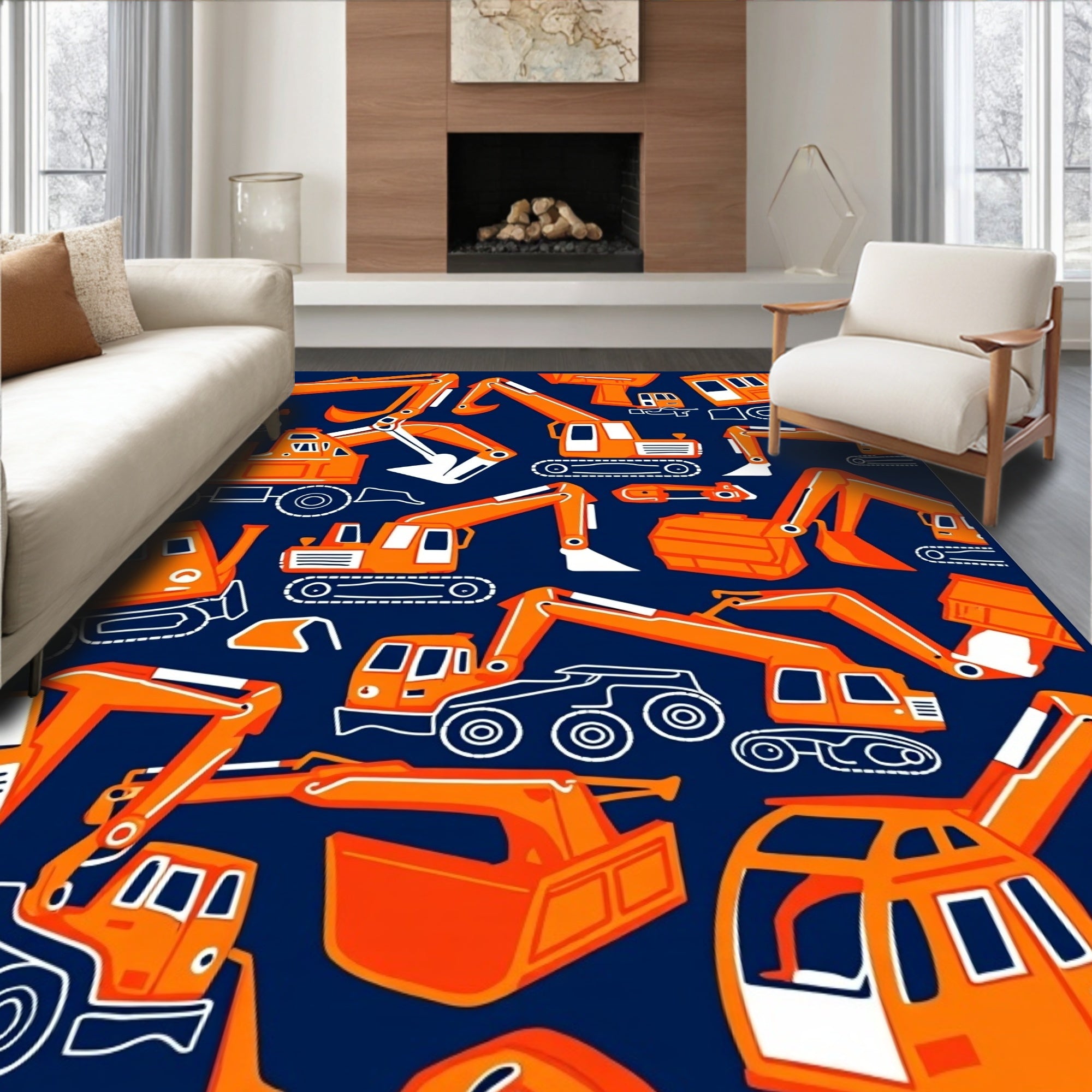 Orange Excavator Construction Vehicle Pattern Rug
