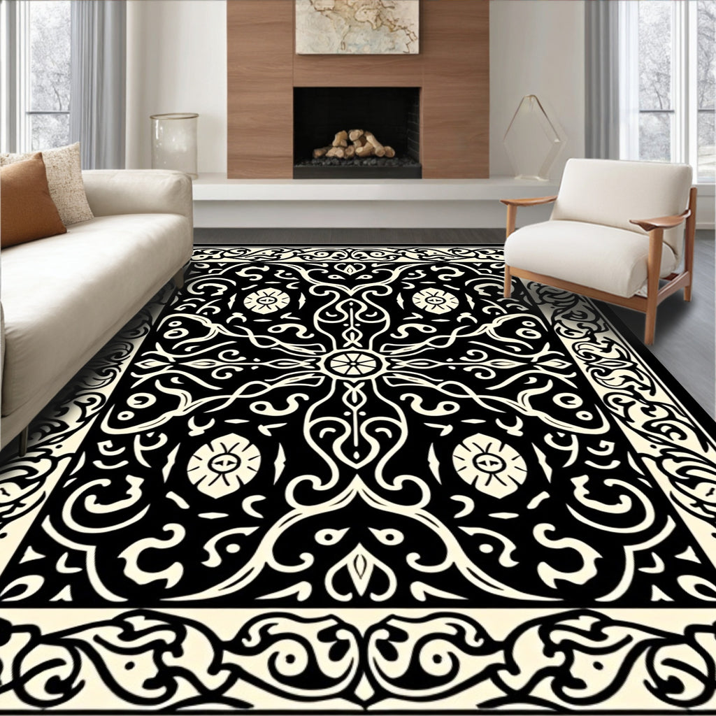 Intricate Black Cream Scrollwork Pattern Rug