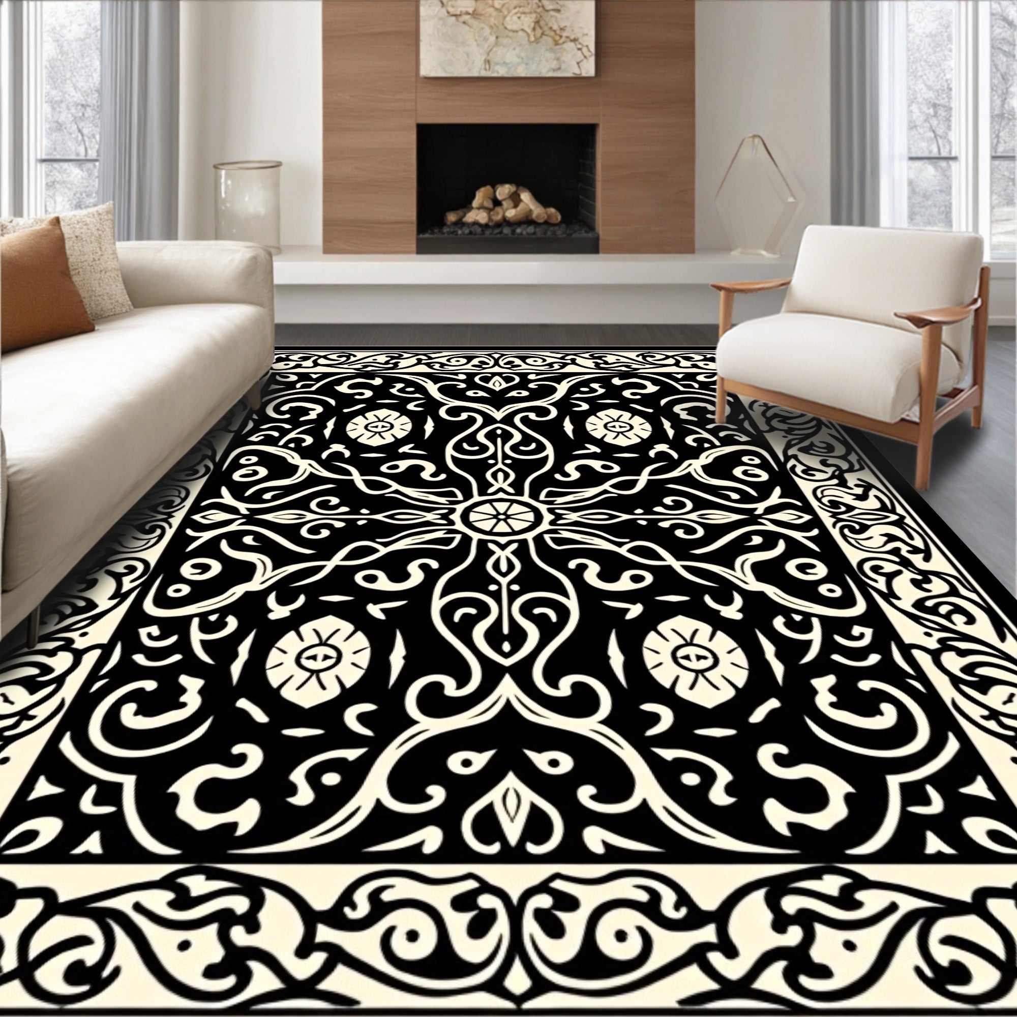 Intricate Black Cream Scrollwork Pattern Rug