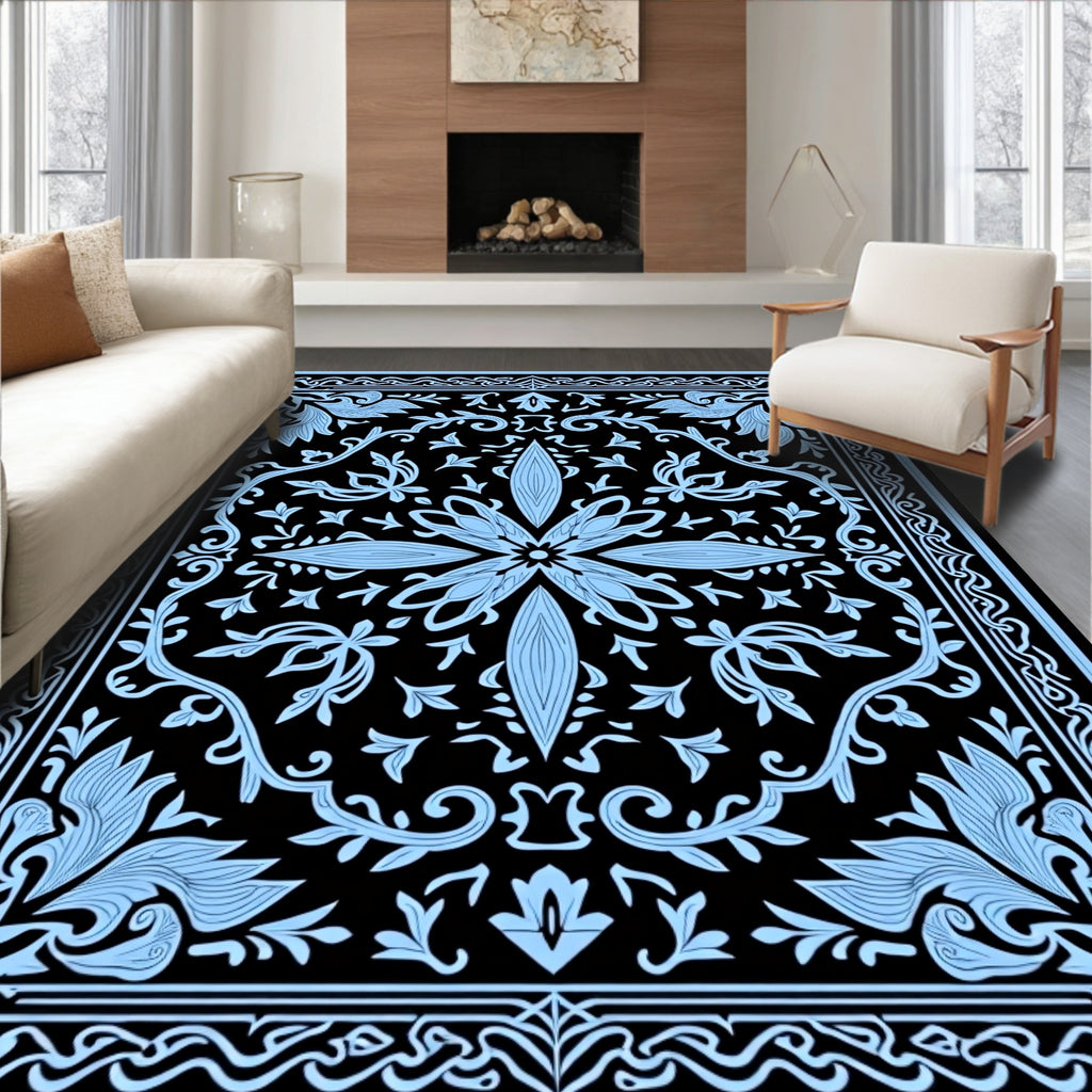 Classic Floral Scrollwork Black And Blue Rug