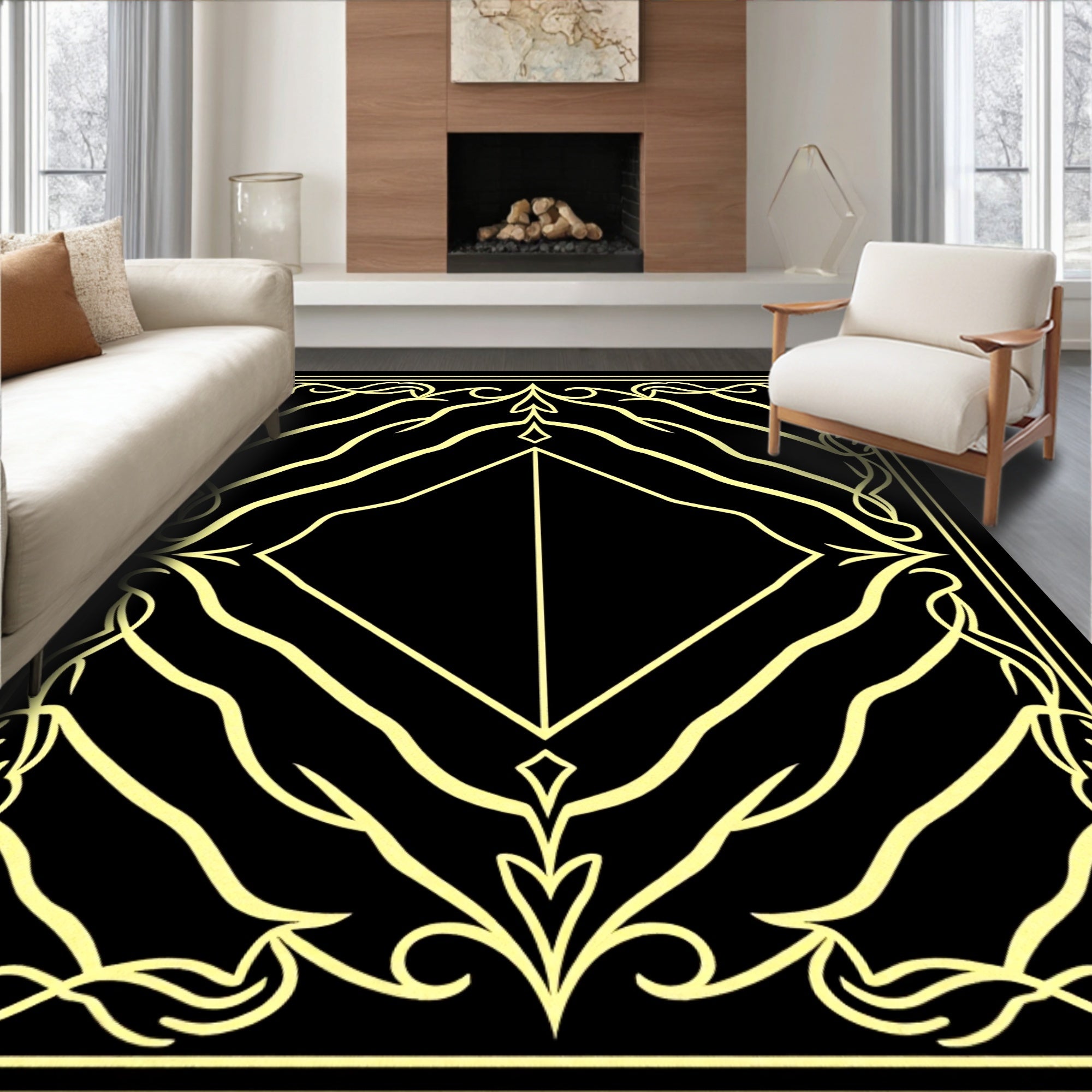 Art Nouveau Yellow Floral Frame Design Rug