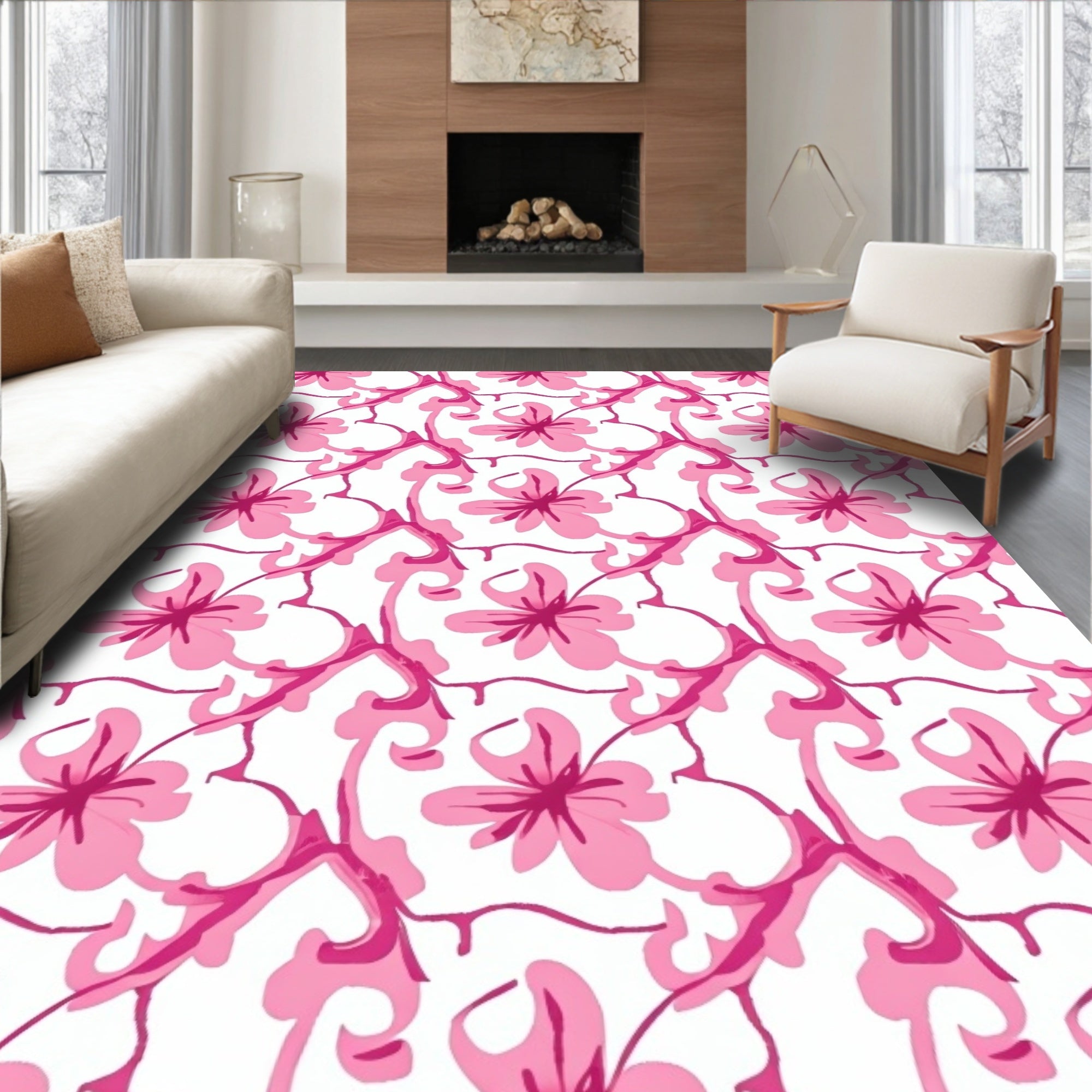 Pink Floral Vine Pattern Rug