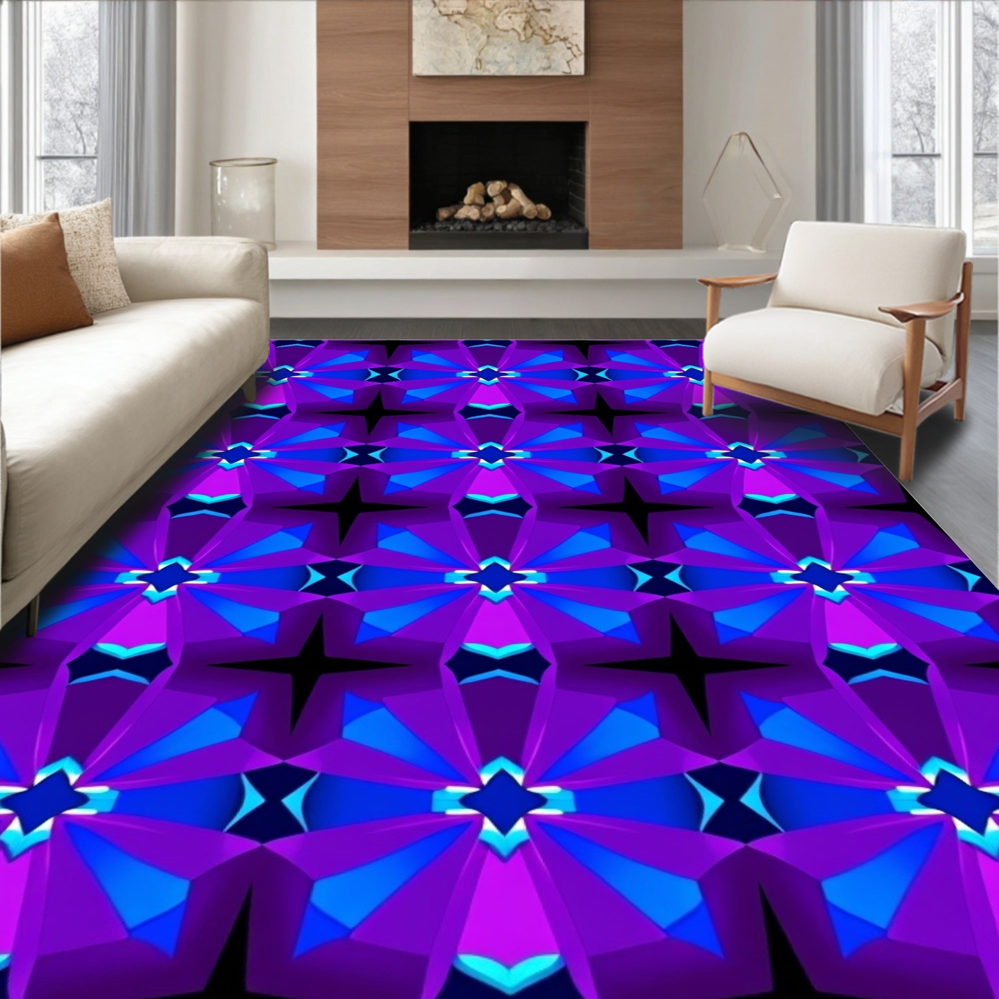 Geometric Starburst Purple Blue Pattern Rug