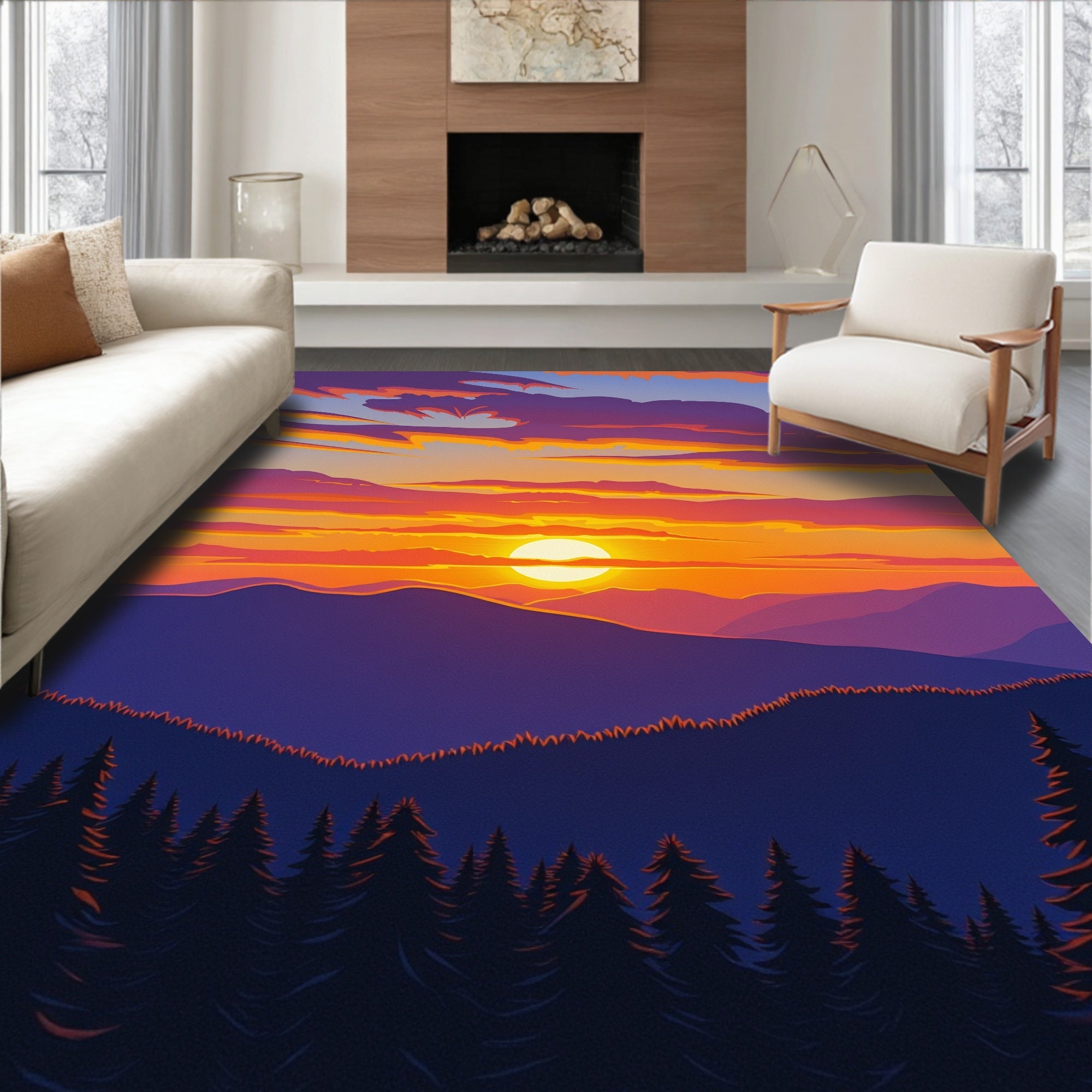 Vibrant Sunset Mountain Forest Scene Rug