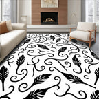 Black White Feather Vine Swirl Design Rug