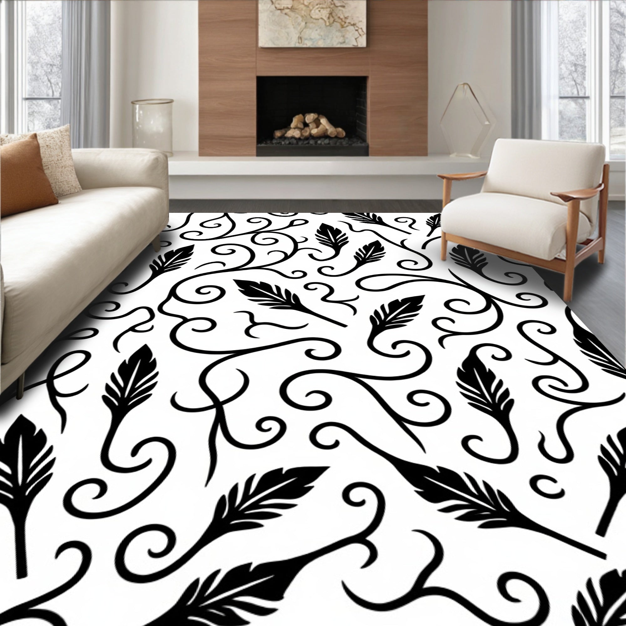 Black White Feather Vine Swirl Design Rug