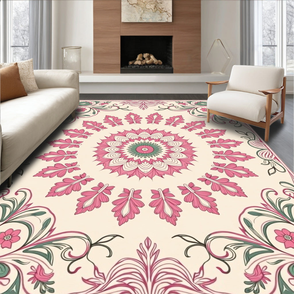 Pink Green Floral Medallion Rug Design Rug