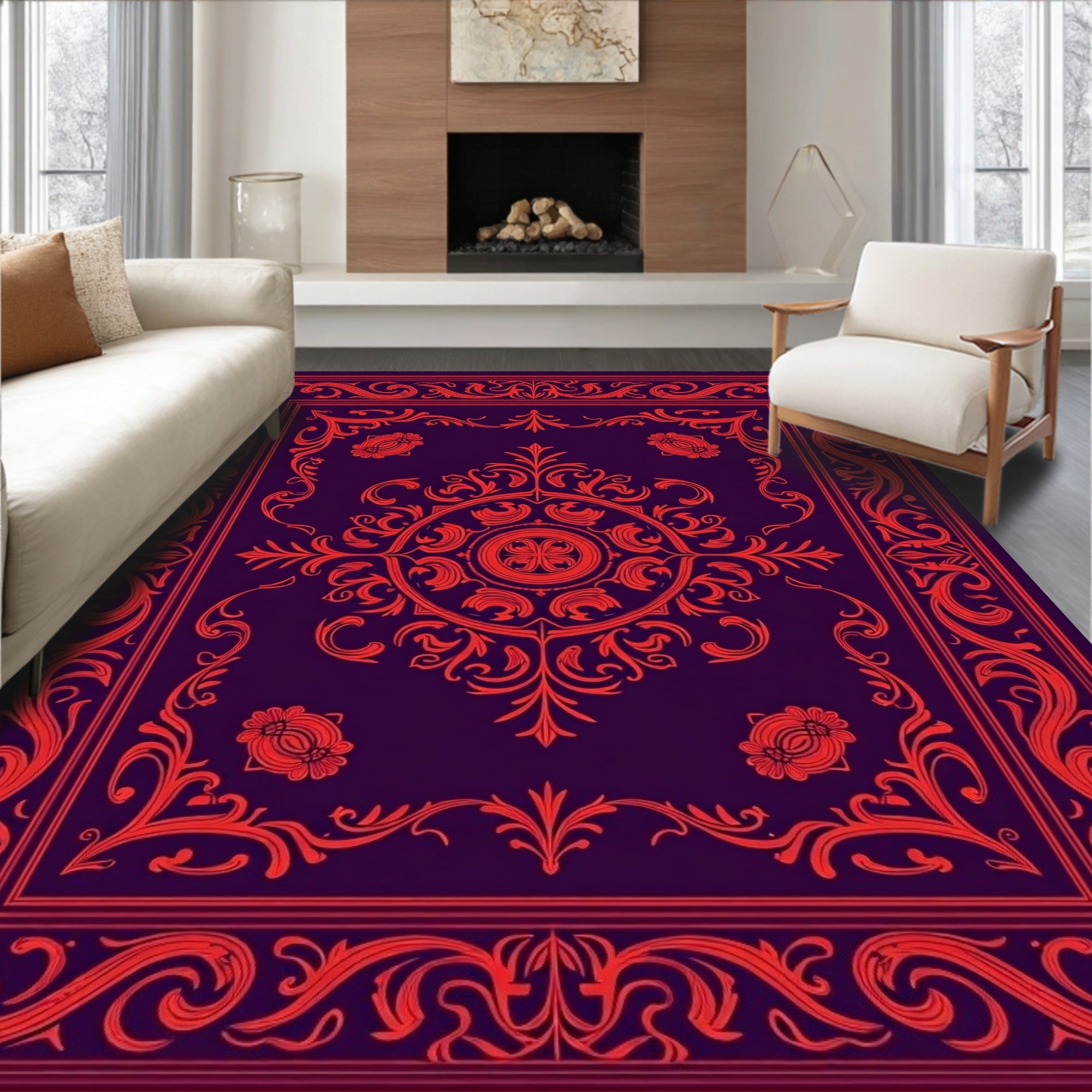 Rich Red Paisley Vine Pattern Rug