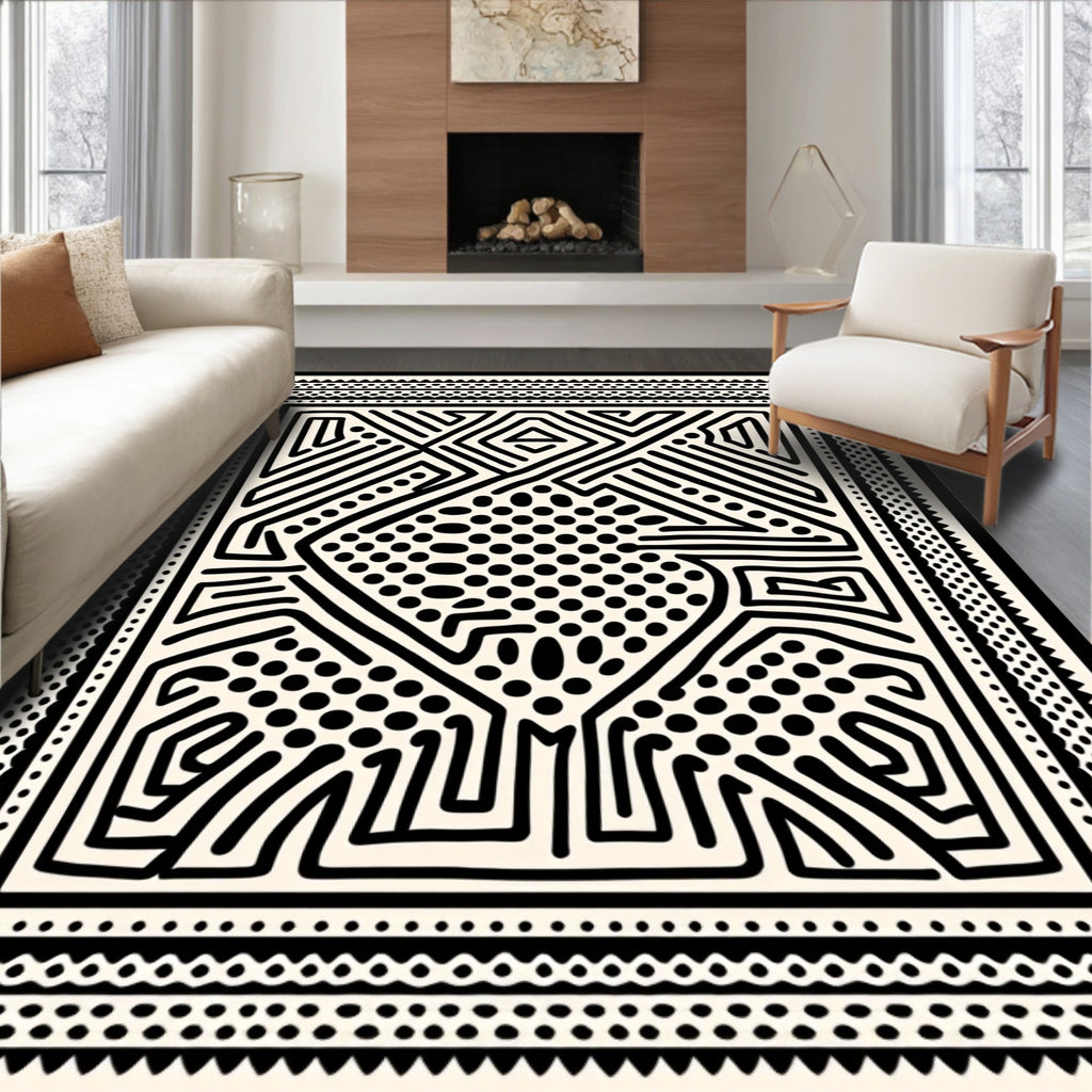 Bold Tribal Patterned Black Cream Rug