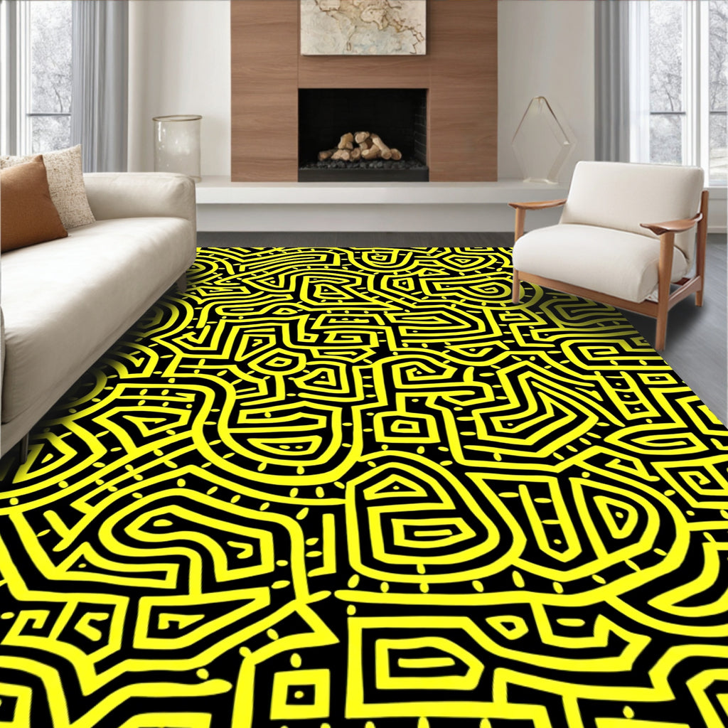 Bold Yellow Maze Pattern Rug
