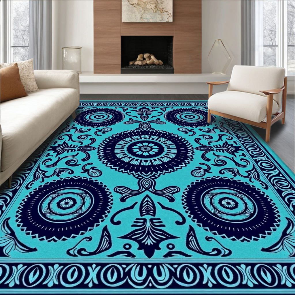 Turquoise Navy Central Medallion Rug