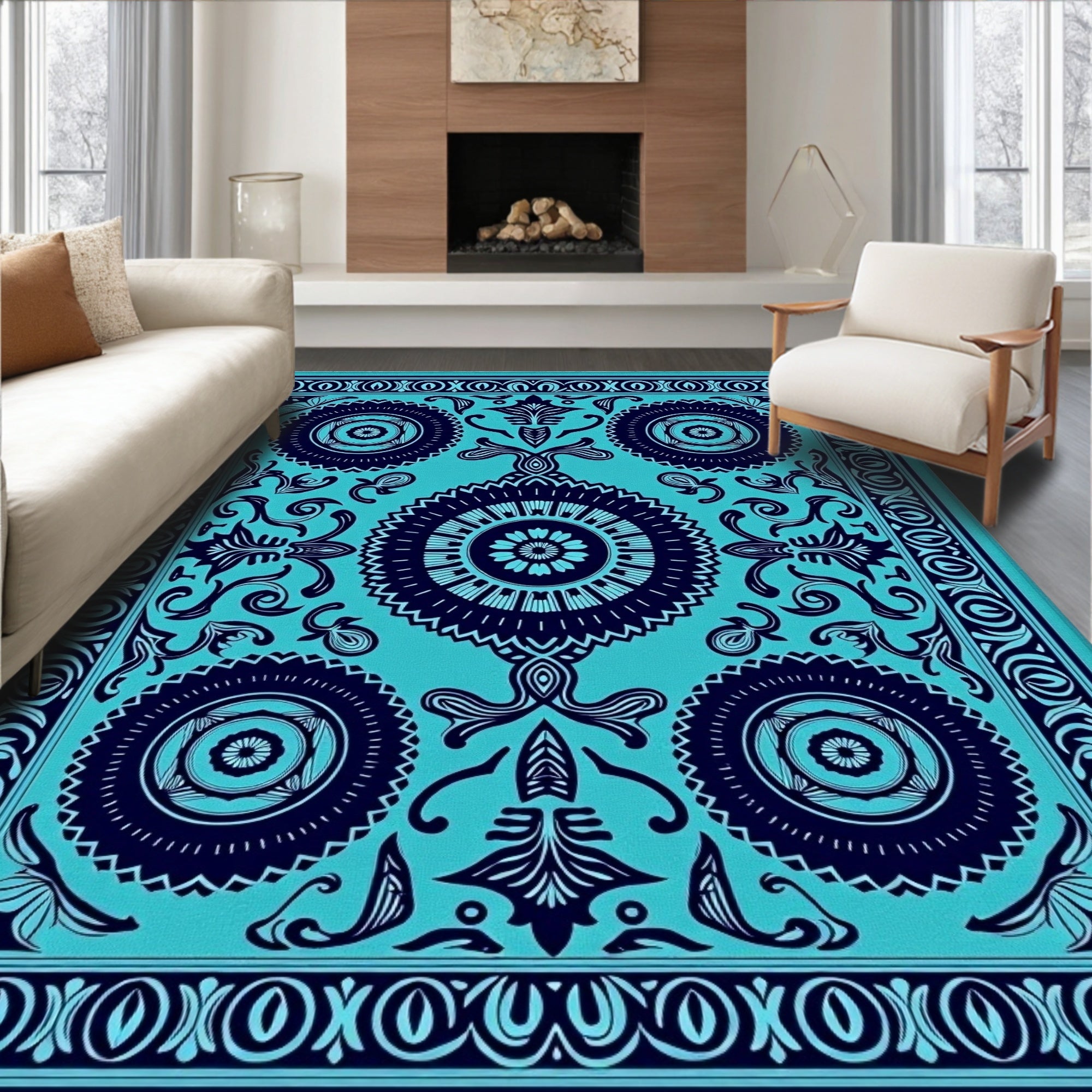 Turquoise Navy Central Medallion Rug
