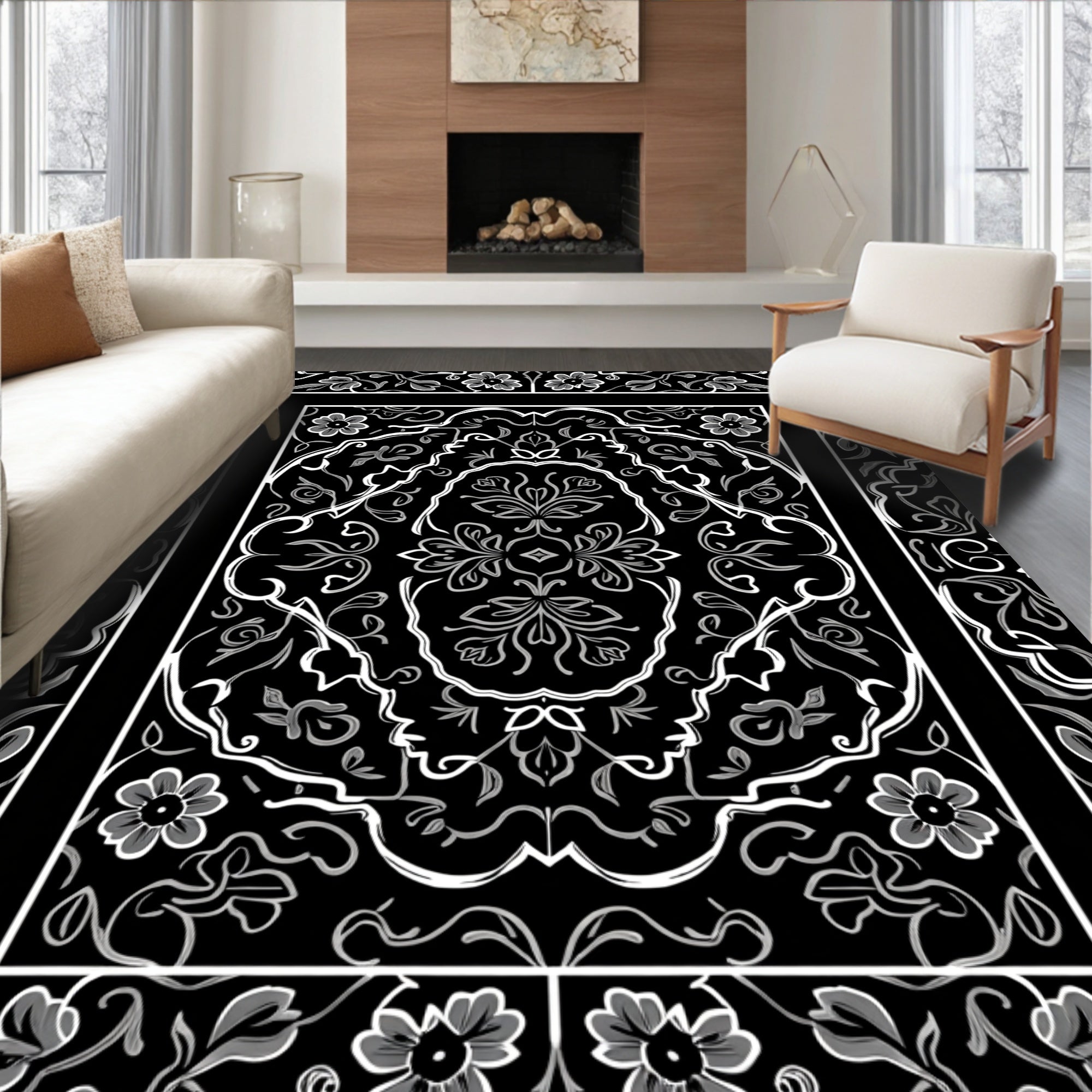 Black Floral Scrollwork Pattern Rug