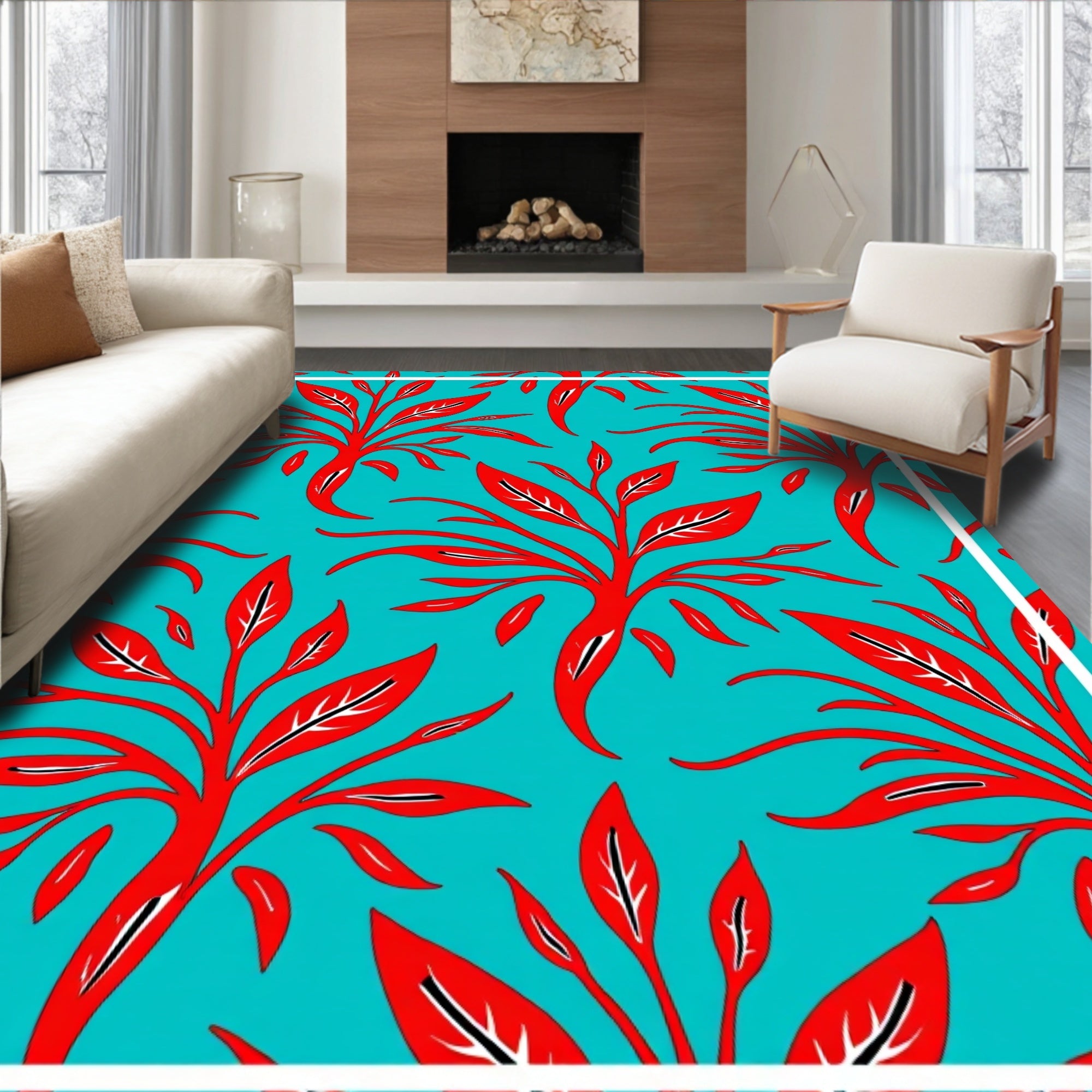 Vibrant Red Foliage Teal Pattern Rug
