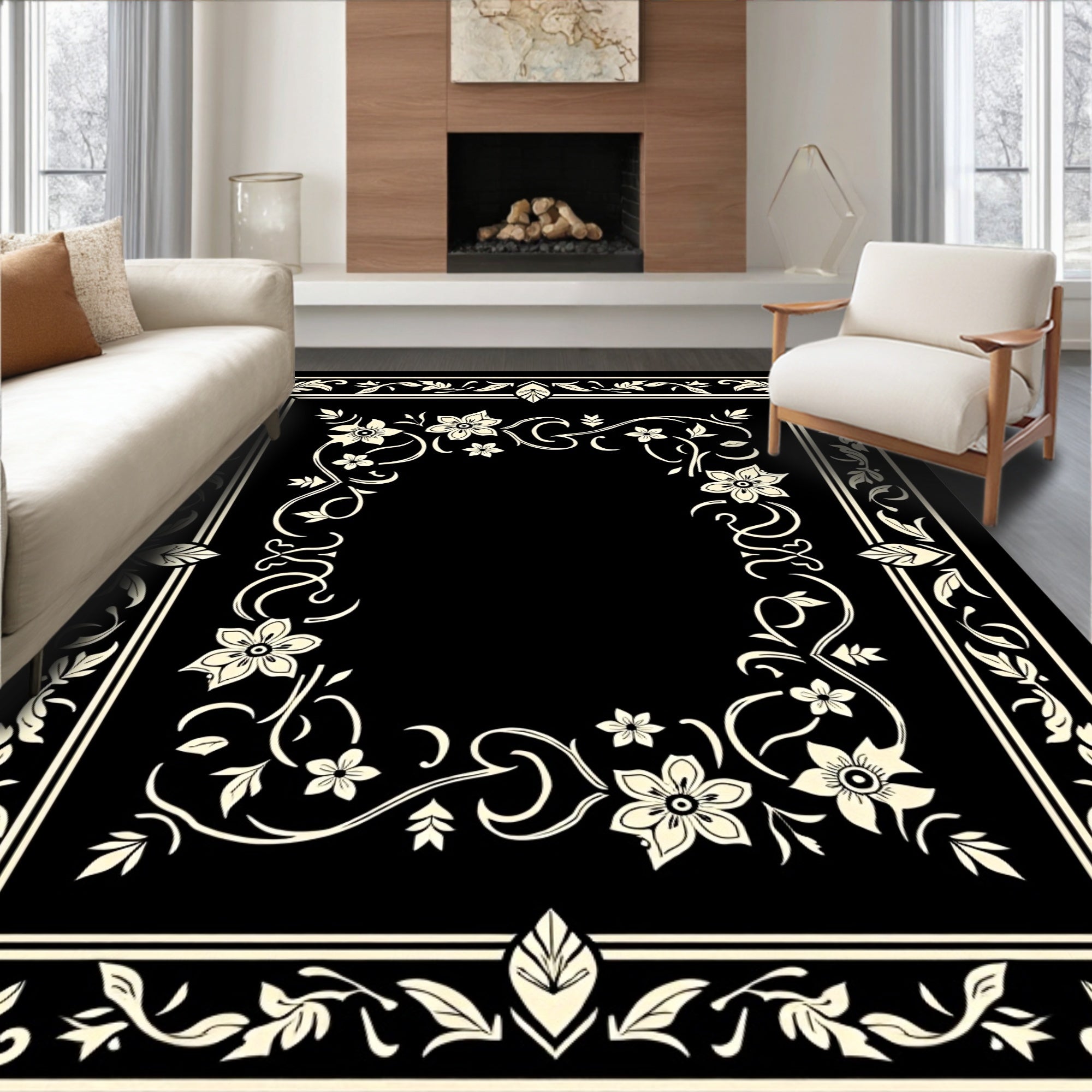 Ornate Floral Vine Border Design Rug