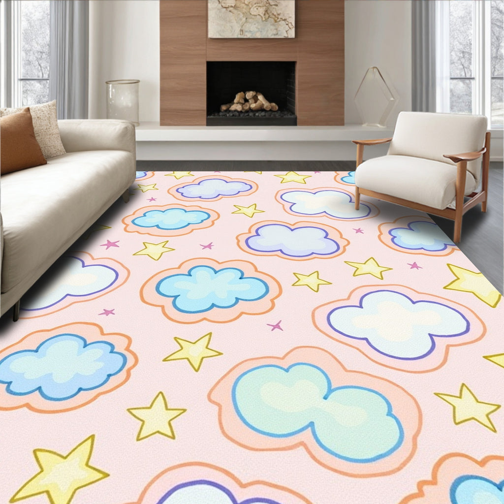 Whimsical Clouds And Stars Pattern Rug