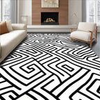 Abstract Black Swirl White Maze Pattern Rug