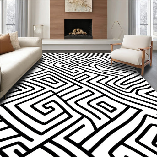 Abstract Black Swirl White Maze Pattern Rug