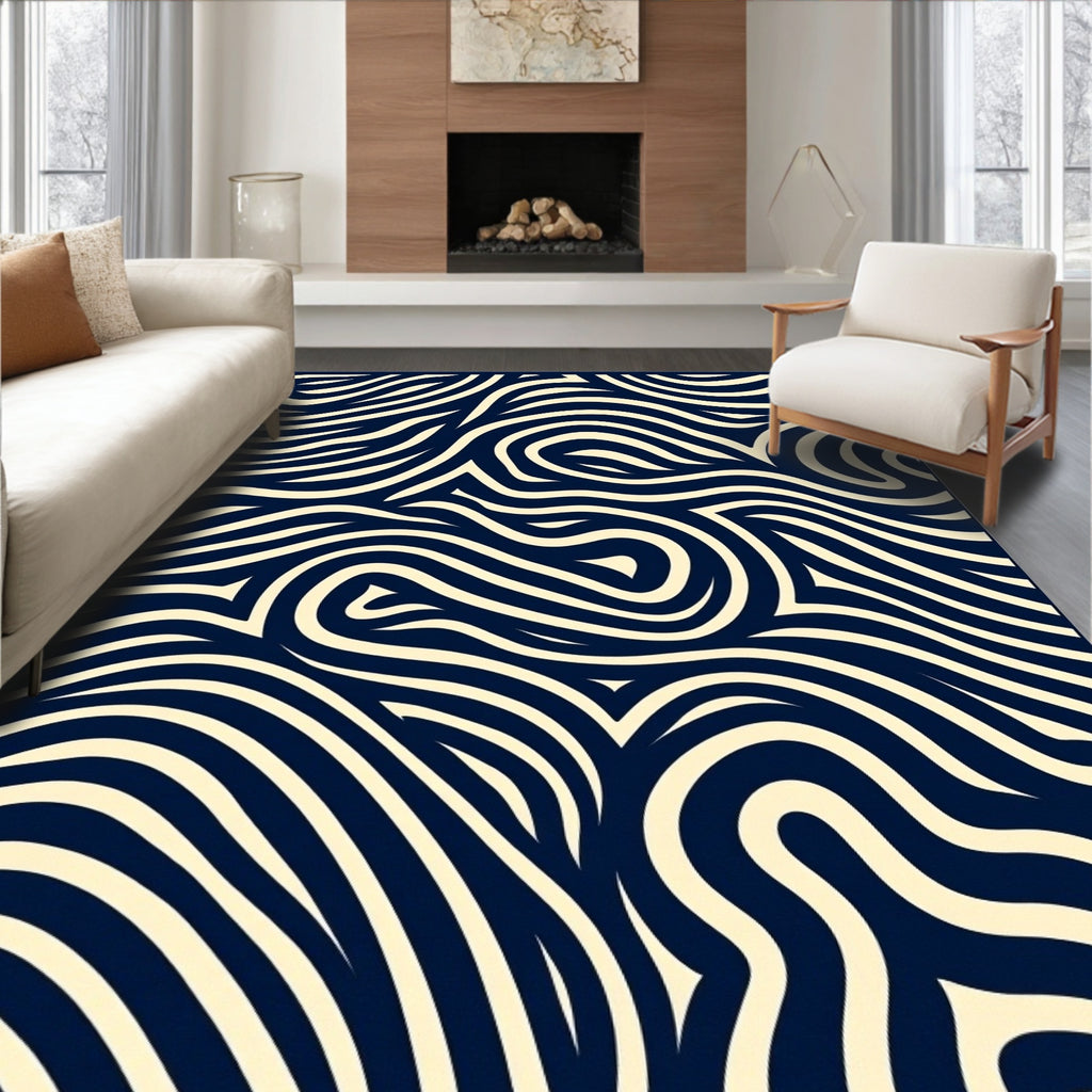 Dark Blue Beige Swirl Pattern Design Rug